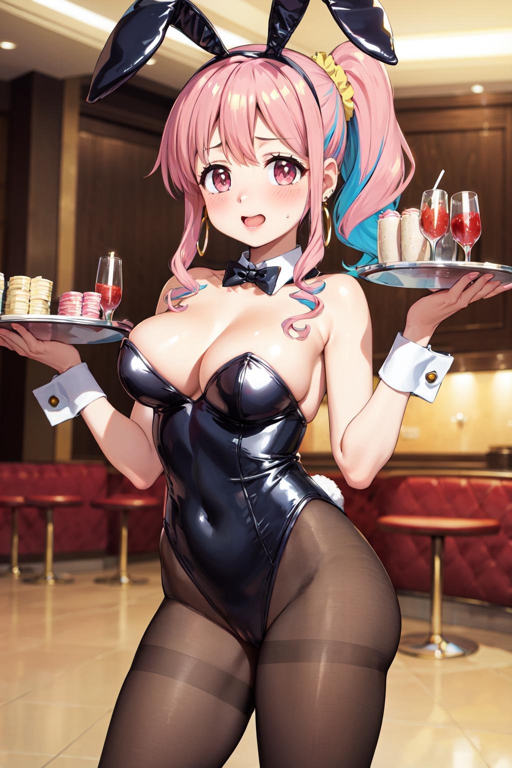 masterpiece,best quality,highres,ultra-detailed,aakaede,two-tone hair,side ponytail,sidelocks,hair scrunchie,gyaru,earrings,<lora:hozuki_kaede:0.8>,rabbit ears,playboy bunny,casino,holding tray,embarrassed,blush,standing,