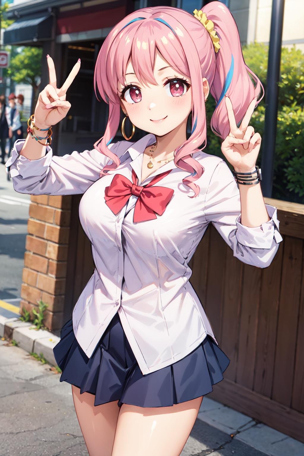 masterpiece,best quality,highres,ultra-detailed,aakaede,two-tone hair,side ponytail,sidelocks,hair scrunchie,gyaru,earrings,necklace,breasts,school uniform,red bowtie,collared shirt,pink shirt,long sleeves,bracelet,blue skirt,bare legs,brown footwear,<lora:hozuki_kaede:0.8>,outdoors,street,cowboy shot,smile,peace sign,