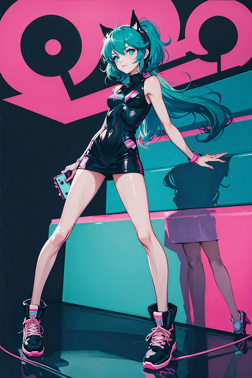  A girl,a female anime character is wearing futuristic and shoes, in the style of psychedelic neon, nintencore, skottie young, light pink and light black, kidcore, dark white and dark cyan, colorful chaos, sifang