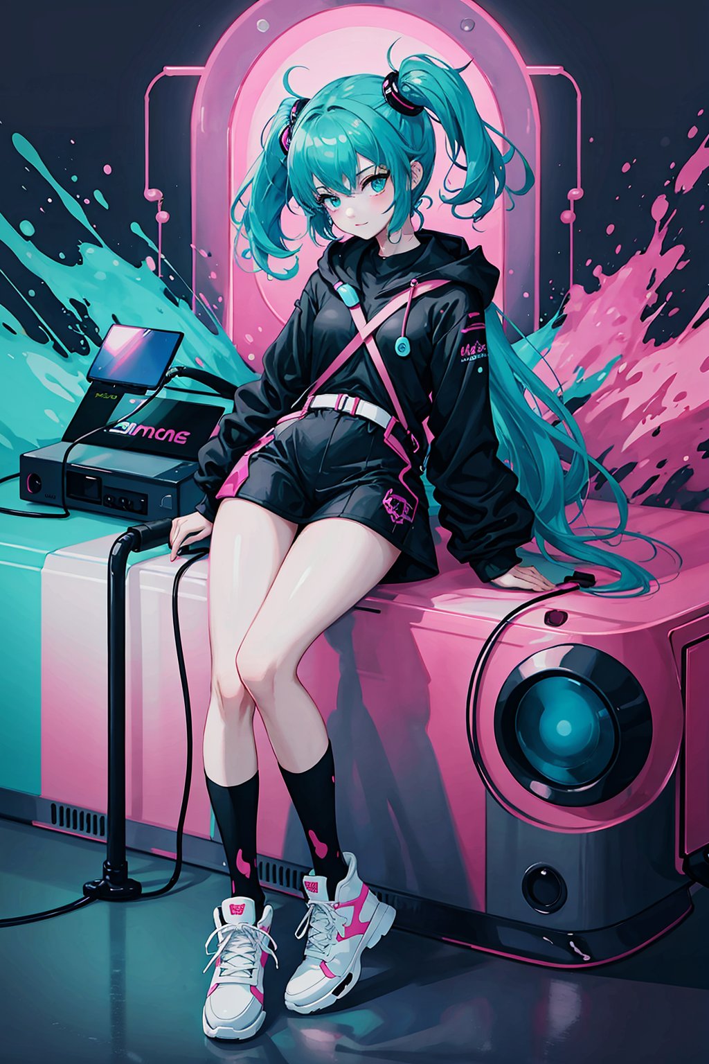  A girl,a female anime character is wearing futuristic and shoes, in the style of psychedelic neon, nintencore, skottie young, light pink and light black, kidcore, dark white and dark cyan, colorful chaos, sifang