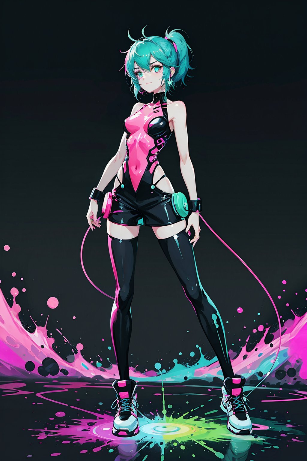  A girl,a female anime character is wearing futuristic and shoes, in the style of psychedelic neon, nintencore, skottie young, light pink and light black, kidcore, dark white and dark cyan, colorful chaos