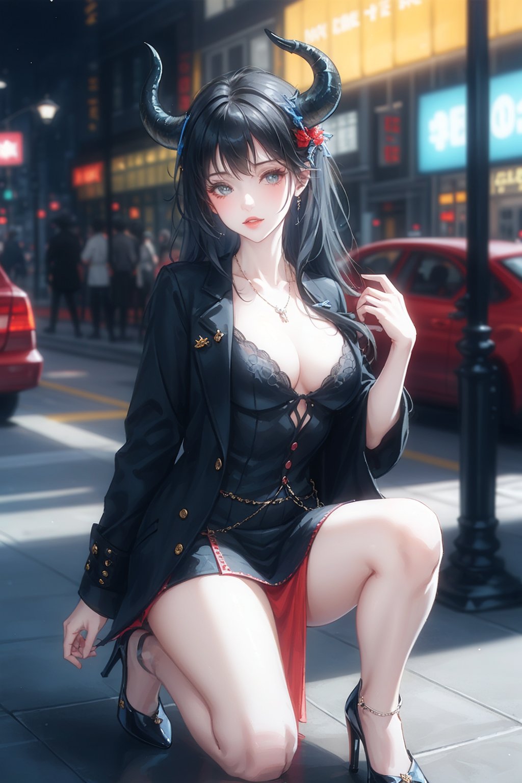  cowboy shoot ,masterpiece, best quality, 
1girl, horns, skirt, necktie, jacket, tail,blue skin
street,city,street background, full_body,high heels, beautiful face