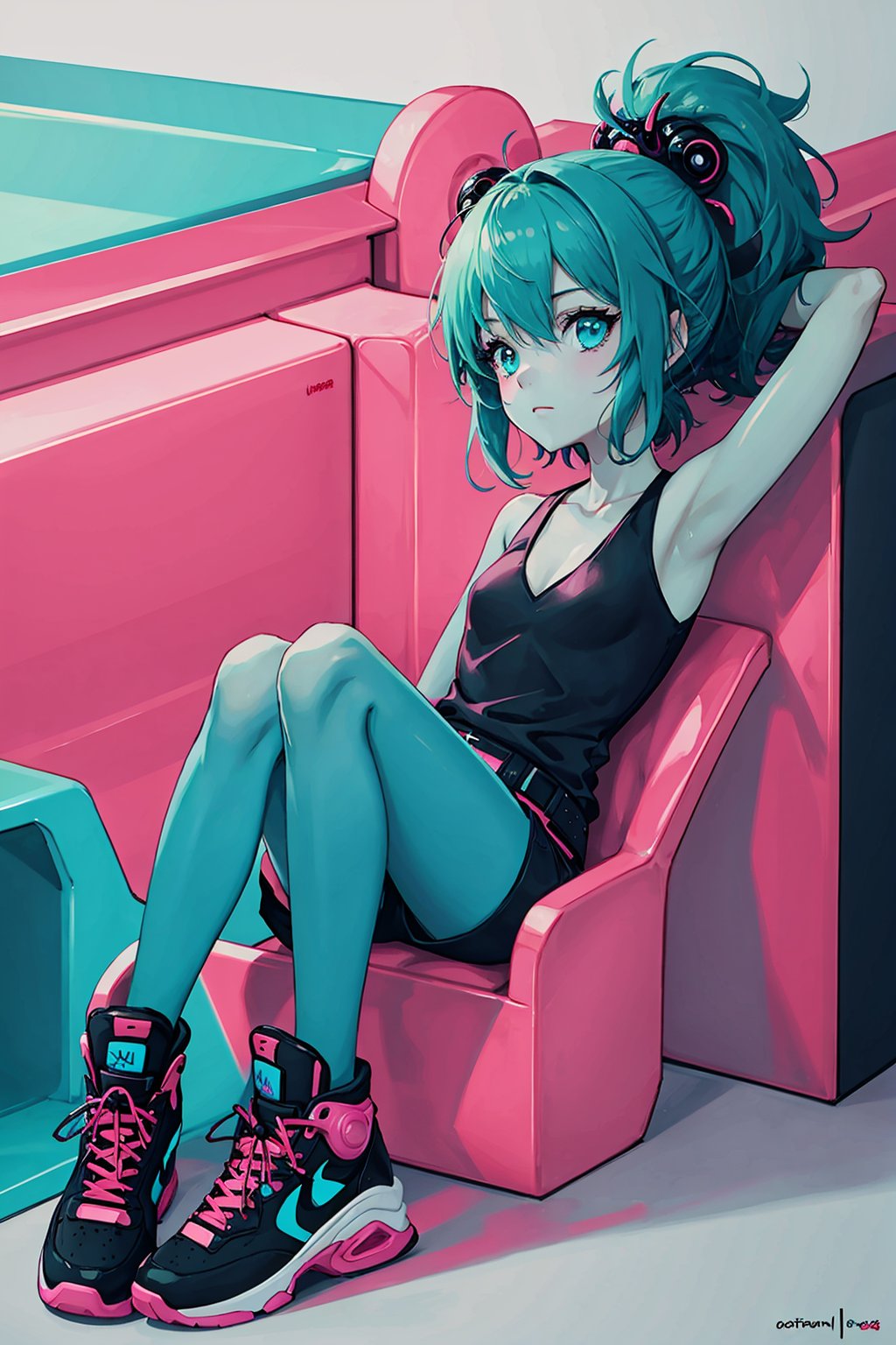  A girl,a female anime character is wearing futuristic and shoes, in the style of psychedelic neon, nintencore, skottie young, light pink and light black, kidcore, dark white and dark cyan, colorful chaos, sifang