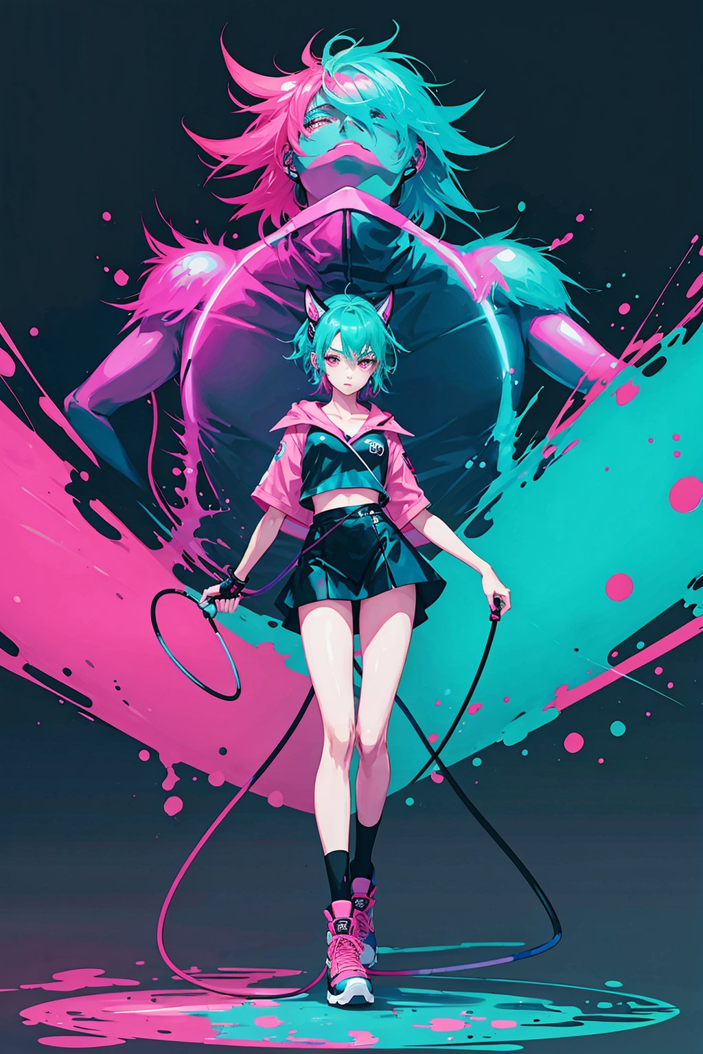  A girl,a female anime character is wearing futuristic and shoes, in the style of psychedelic neon, nintencore, skottie young, light pink and light black, kidcore, dark white and dark cyan, colorful chaos, sifang