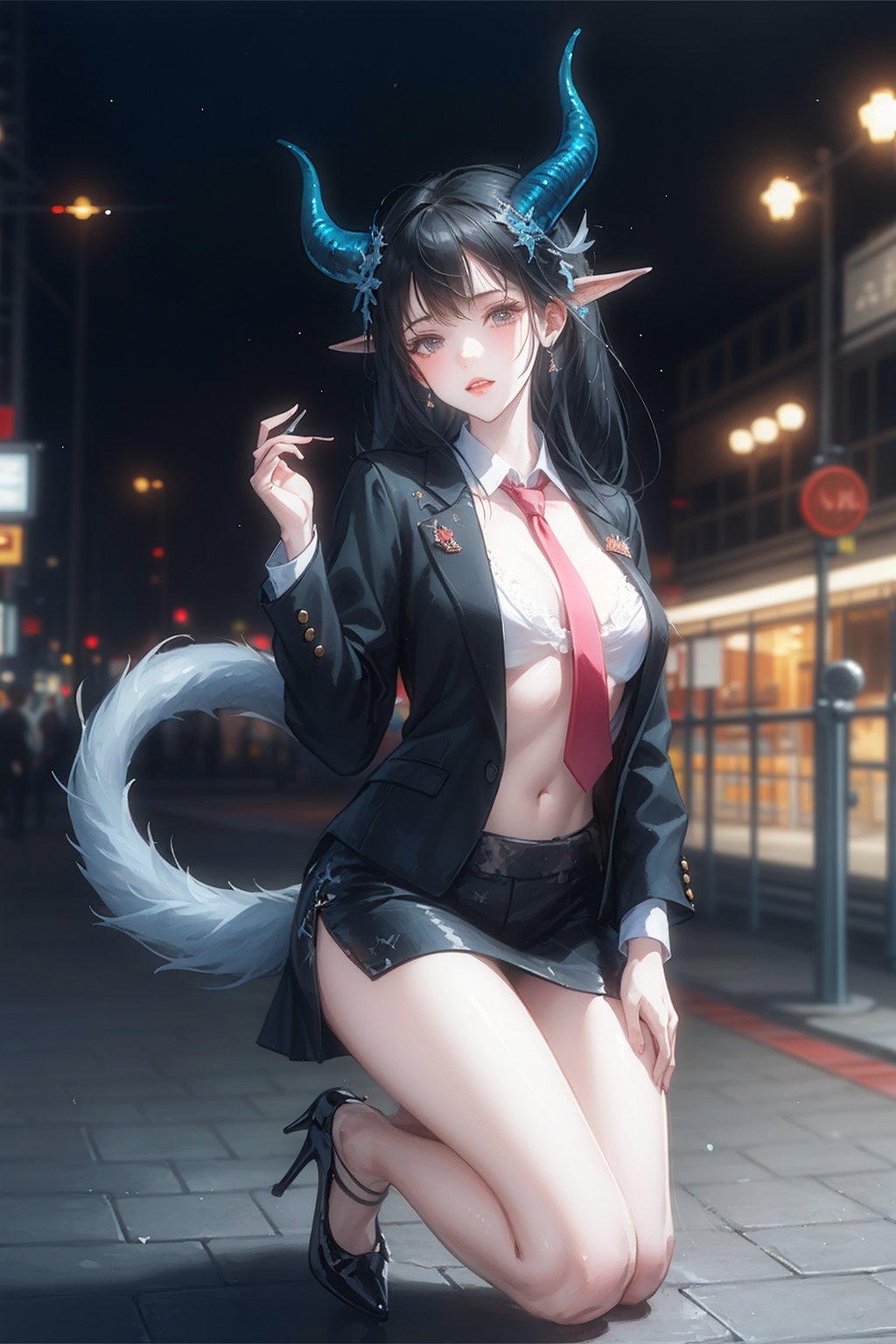  cowboy shoot ,masterpiece, best quality, 
1girl, horns, skirt, necktie, jacket, tail,blue skin
street,city,street background, full_body,high heels, beautiful face