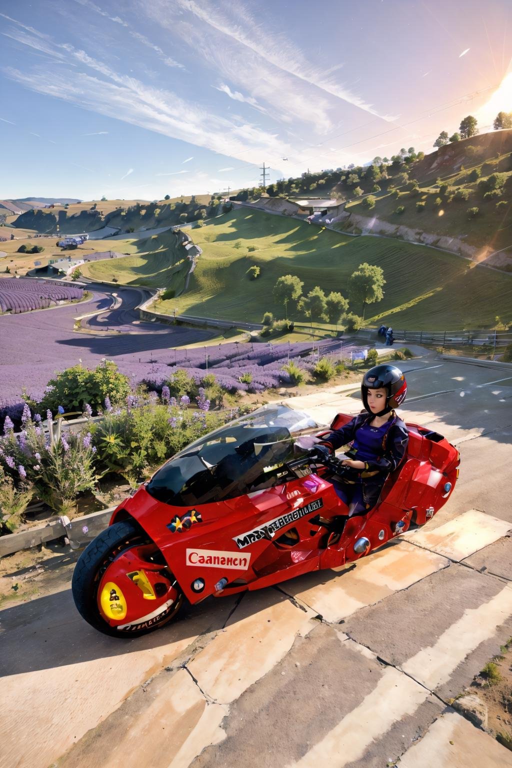 <lora:AkiraSBK_v3-000010:1> masterpiece, photorealistic highly detailed 8k Overhead Crane Shot, best cinematic quality, volumetric lighting, beautiful woman on krsbk, side view, full of busy people in Fields of Lavender under the Moonlight