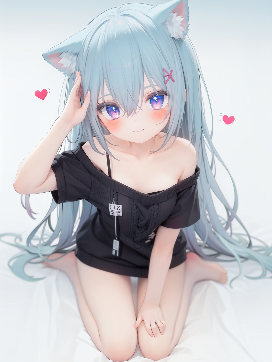  petite, loli, solo, animal ears, heart, puffy short sleeves, blue hair, long hair, off shoulder, bangs, hair ornament, gradient background,rainbow gradient, x hair ornament, animal ear fluff, looking at viewer, very long hair, blush, smile, cat ears, bare shoulders, collarbone, hand up, gradient sweater, hair between eyes, symbol-shaped pupils, arm up, heart-shaped pupils, hairclip, medium breasts, salute, bare legs,full body