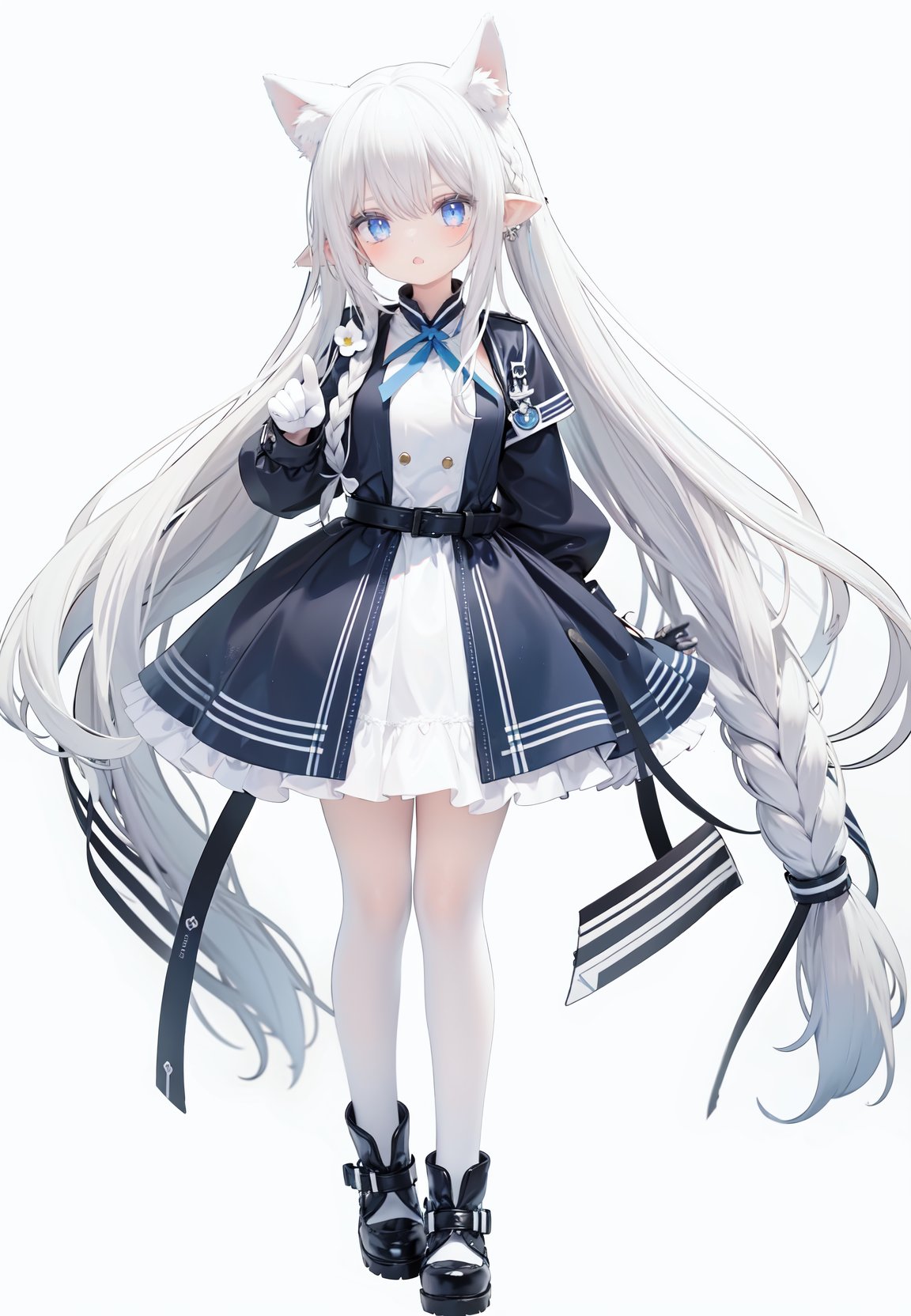  1girl, white_gloves, braid, full_body, gloves, long_hair, official_alternate_costume, pointy_ears, simple_background, solo, standing, very_long_hair, white_background, white hair, blue eyes, paw claw pose, open_mouth