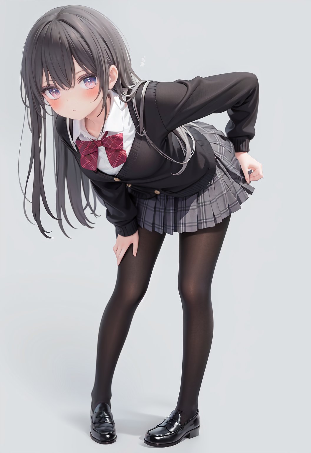  1girl, solo, pantyhose, skirt, long hair, loafers, shoes, simple background, school uniform, brown eyes, plaid, black pantyhose, plaid skirt, looking at viewer, black hair, pantyhose pull, full body, clothes pull, black footwear, pleated skirt, leaning forward, bangs, long sleeves, bent over, cardigan, bow, bowtie, standing, closed mouth, pulled by self, grey background, blush, miniskirt, red bow, sweater, undressing