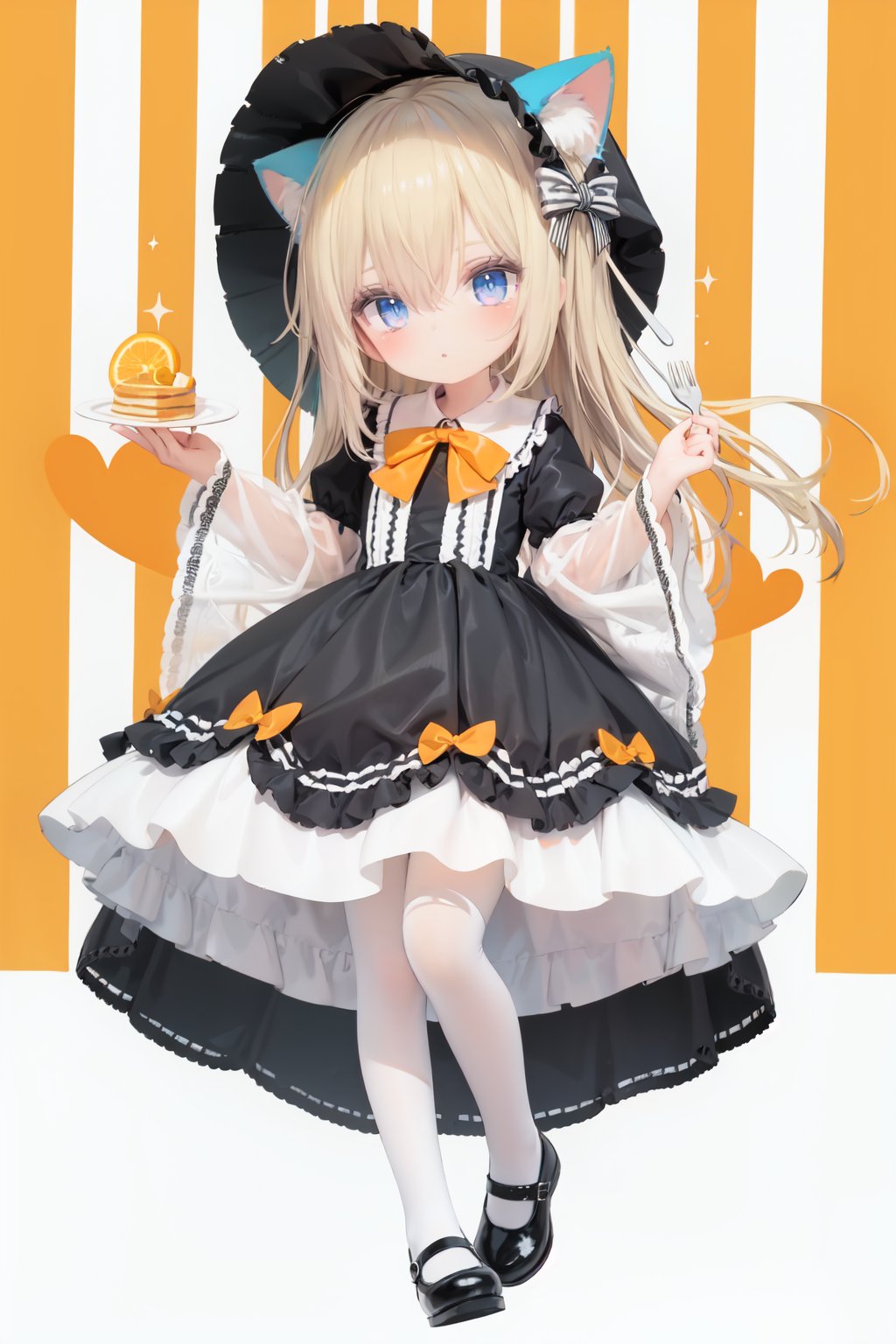  (cinematic lighting), dreamy atmosphere, Ray tracing, (((solo))), (loli:1.5), (child:1.5), (petite:1.5), green eyes, (animal ears), dress, solo, food, blonde hair, open mouth, long hair, pancake, flower, holding, bow, smile, fork, bird, socks, looking at viewer, shoes, striped background, holding fork, bonnet, striped, frills, long sleeves, :d, yellow dress, bangs, eyebrows visible through hair, blush, green nails, hair bow, nail polish, diagonal stripes, chick, sparkle, frilled dress, orange bow, fruit, full body, :3, hair between eyes, green bow, puffy sleeves, heart, lemon, orange footwear, animal ear fluff, white bow, cat ears, bobby socks, orange headwear, see-through sleeves, blue background, striped bow, hair ornament, white legwear, mary janes