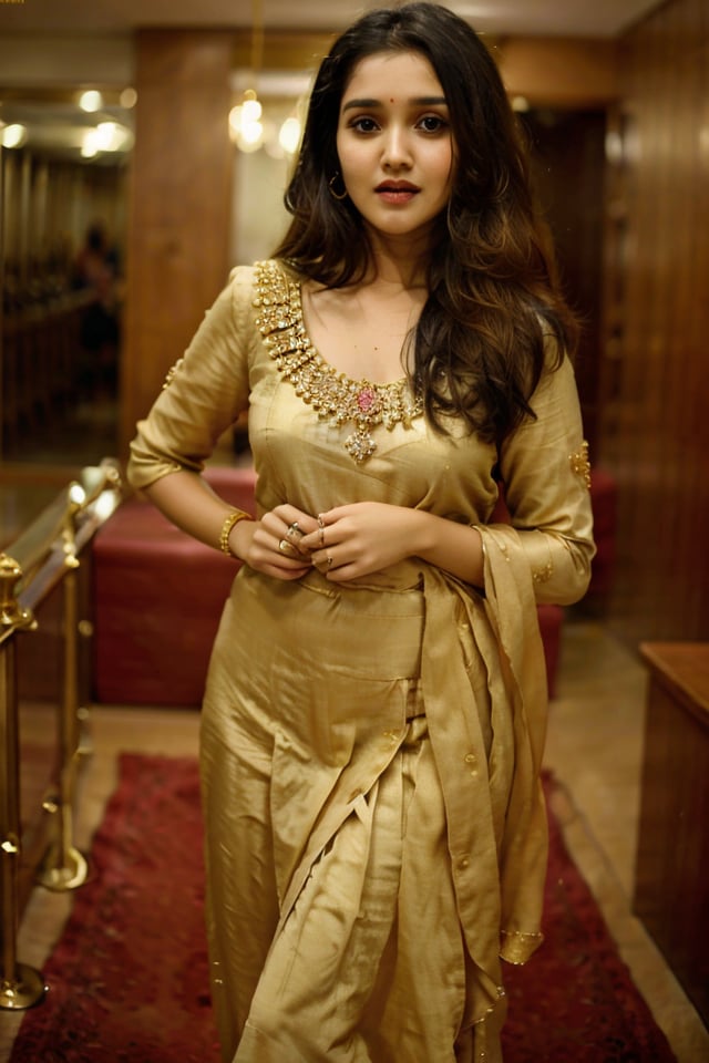 AnikhaSurendran, standing, wearing golden_jewelry