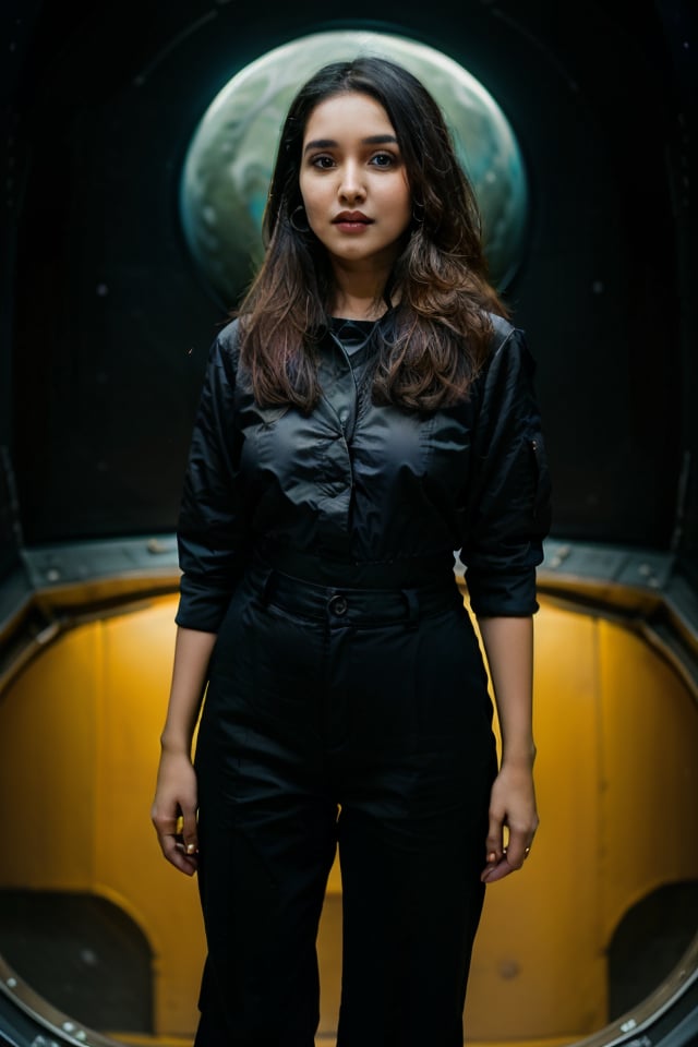 AnikhaSurendran,

portrait+ style, a citizen living in an orbital space city surrounding an inhabited planet. Hard science fiction, high resolution,Masterpiece