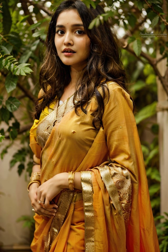 AnikhaSurendran, standing, wearing saree, golden_jewelry