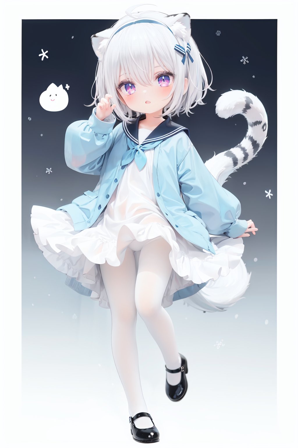  cute,Infant,solo blue shirt,blue sailor coat,loli,full body,white hair,snow leopard ear,white background,pink eyes,laugh,happy,white pantihose,white pantyhose,red armband,