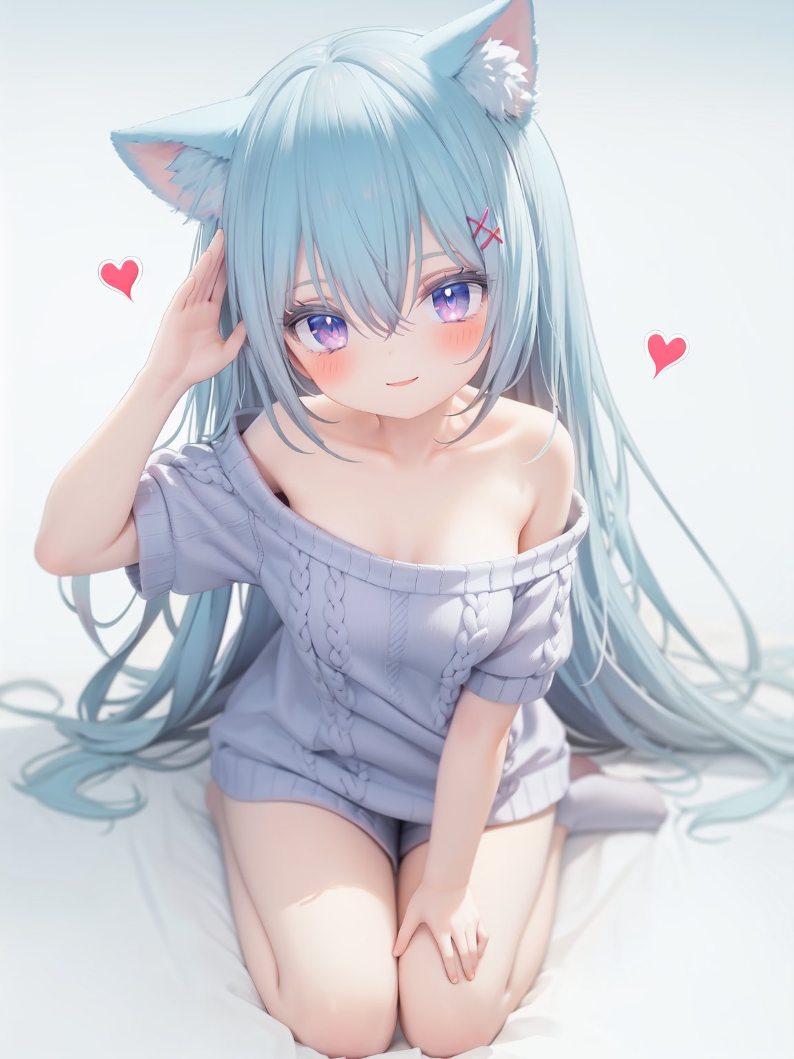  petite, loli, solo, animal ears, heart, puffy short sleeves, blue hair, long hair, off shoulder, bangs, hair ornament, gradient background,rainbow gradient, x hair ornament, animal ear fluff, looking at viewer, very long hair, blush, smile, cat ears, bare shoulders, collarbone, hand up, gradient sweater, hair between eyes, symbol-shaped pupils, arm up, heart-shaped pupils, hairclip, medium breasts, salute, bare legs,full body