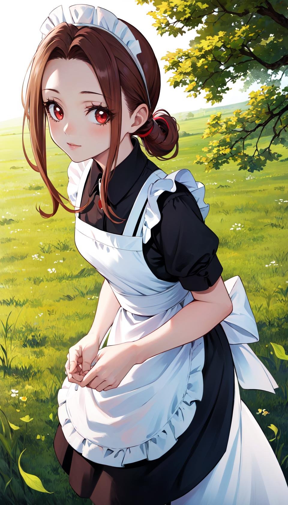 masterpiece, best quality, outdoors, grass, field, forest, tachikawa mimi, 1girl, solo, looking at viewer, cowboy shot, long hair, red eyes, maid, maid headdress, maid apron, <lora:LoRA_Mimi:1>,