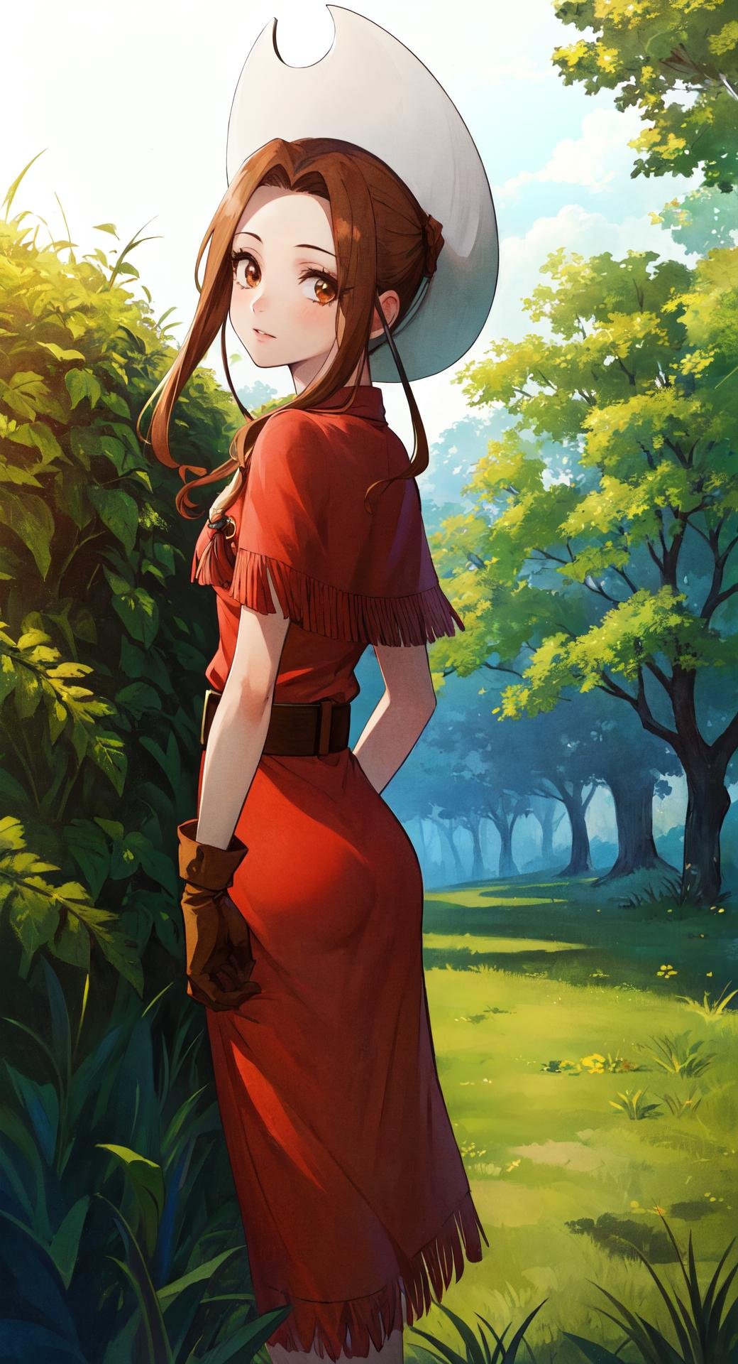 masterpiece, best quality, outdoors, grass, field, forest, <lora:LoRA_Mimi:1>,tachikawa mimi, 1girl, solo, looking at viewer, cowboy shot, long hair, brown hair, brown eyes, hat, dress, belt, red dress, gloves, sidelocks, capelet, brown gloves, white headwear, fringe trim, short sleeves, arms behind back,