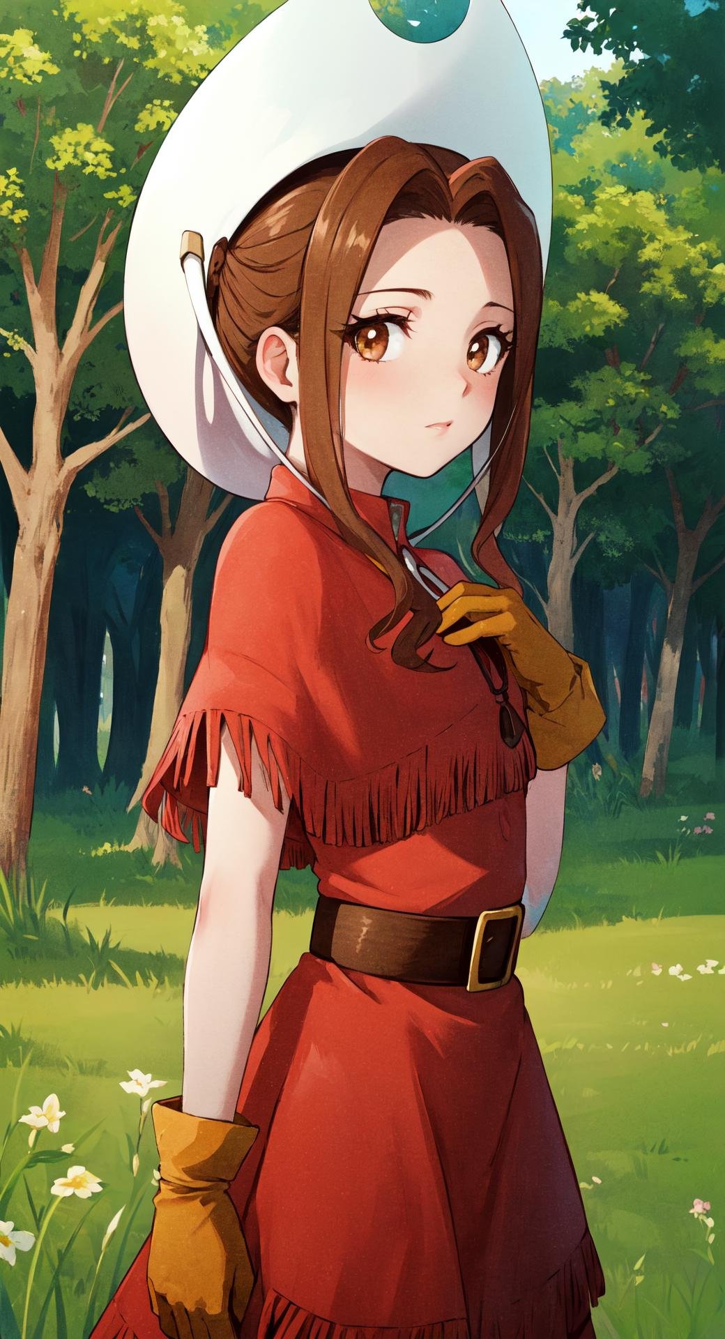 masterpiece, best quality, outdoors, grass, field, forest, <lora:LoRA_Mimi:1>,tachikawa mimi, 1girl, solo, looking at viewer, upper body, long hair, brown hair, brown eyes, hat, dress, belt, red dress, gloves, sidelocks, capelet, brown gloves, white headwear, fringe trim, short sleeves, hands on own chest, 