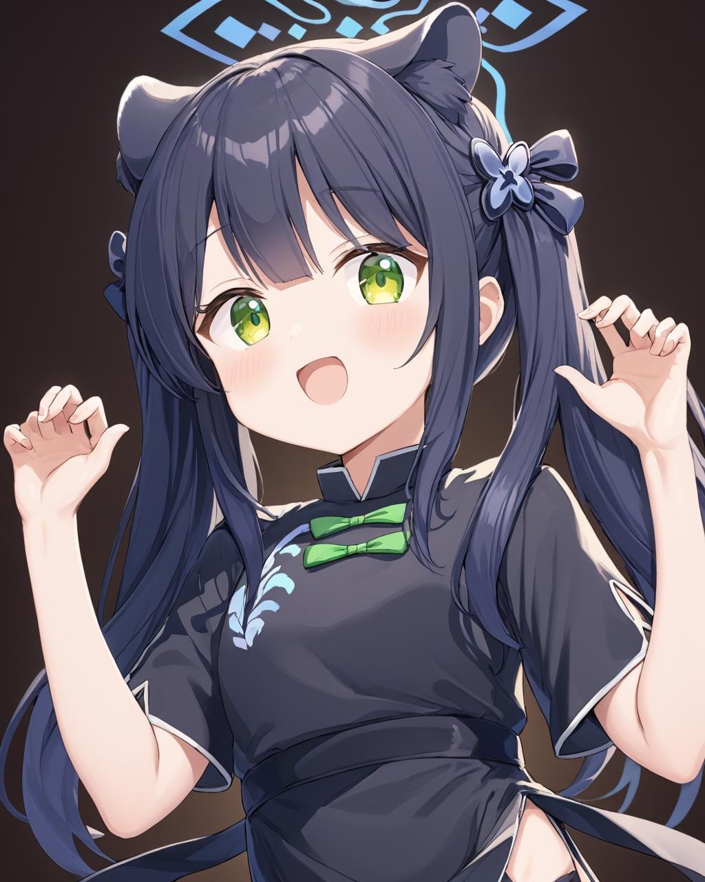 shun \(blue archive\), fang, 1girl, looking_up, twintails, china_dress, open_mouth, animal_ear_fluff, tiger_girl, black_dress, :d, sidelocks, halo, short_sleeves, hair_ornament<lora:shun_(blue_archive)_image2057_2023-11-28-000010:1>halo. gorgeous,key visual, vibrant, studio anime,award-winning, professional, highly detailed,high budget, cinemascope