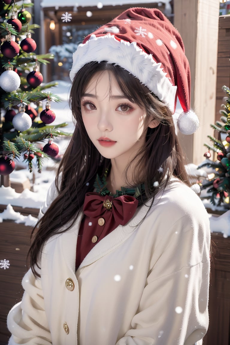  1 girl,Upper body,Christmas,Mid-range lens, Look at the viewer, eyeglasses,indoor, christmas tree, It snows,standing,Panoramic lens,Christmas costume, Nebula