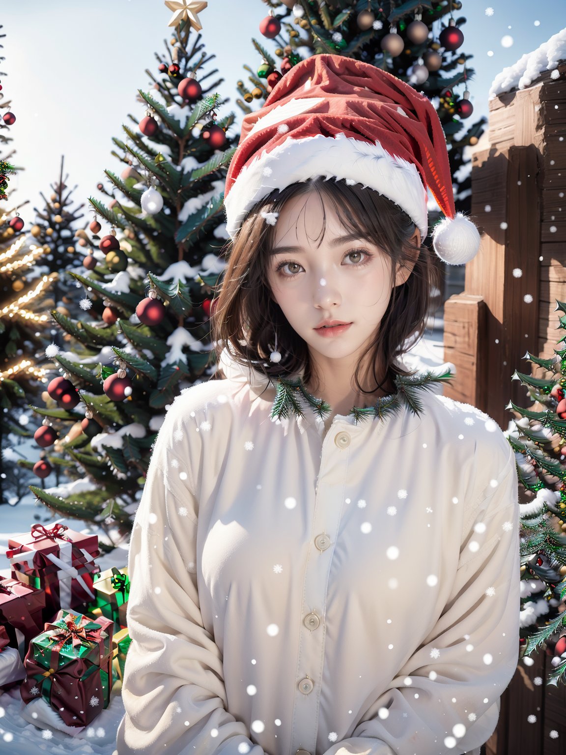 1 girl,Upper body,(Christmas:1.2),Mid-range lens,Look at the viewer,eyeglasses,Bust,(Outdoor:1.1),(christmas tree:1.2),(It snows:1.1),standing,