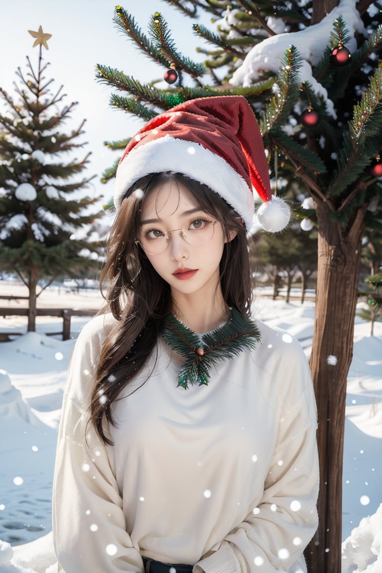 1 girl,Upper body,Christmas,Mid-range lens, Look at the viewer, eyeglasses,Bust,Outdoor, christmas tree, It snows,standing