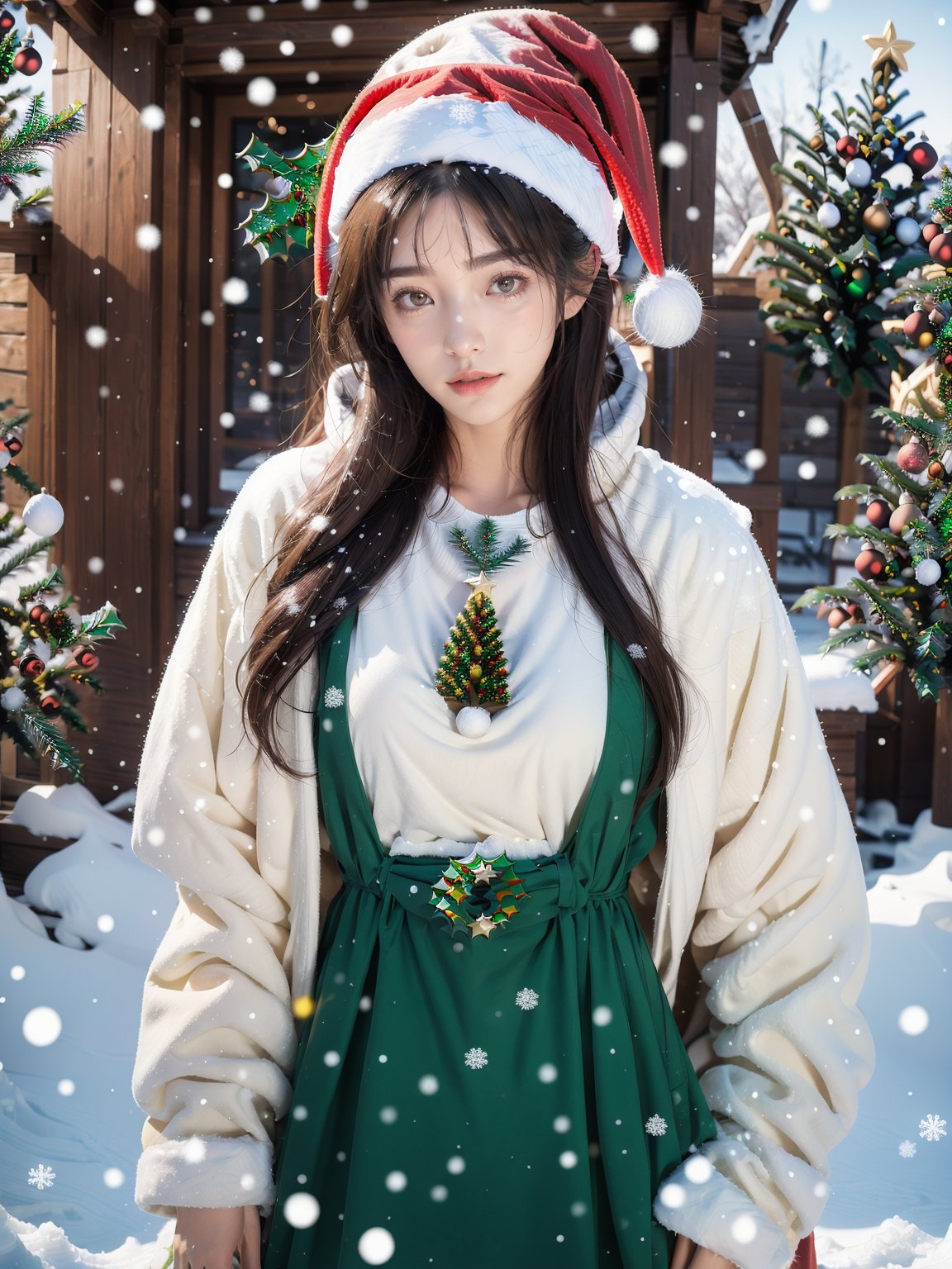 1 girl,Upper body,(Christmas:1.2),Mid-range lens,Look at the viewer,eyeglasses,(Outdoor:1.1),(christmas tree:1.2),(It snows:1.1),standing,