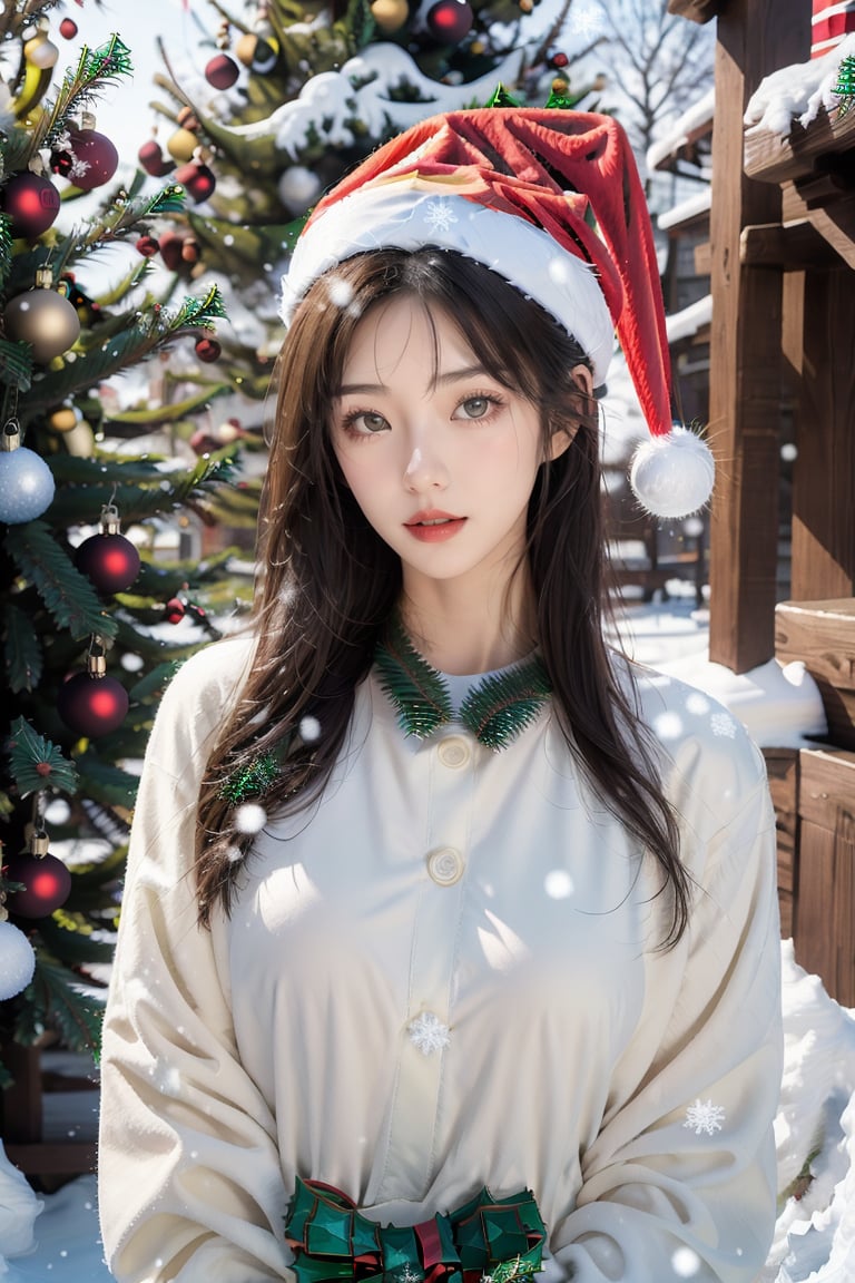 1 girl,Upper body,(Christmas:1.2),Mid-range lens,Look at the viewer,eyeglasses,Bust,(Outdoor:1.1),(christmas tree:1.2),(It snows:1.1),standing,