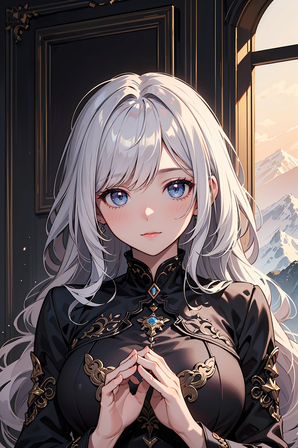 ((masterpiece, best quality, ultra-detailed, very fine 8KCG wallpapers)), 1girl, solo, medium breasts, looking at viewer, bright skin, (shiny skin:1.2), (black theme), indoors, curious face, upper body, (natural wavy:0.8), day, layered style, mountain, nice hands, perfect hands,