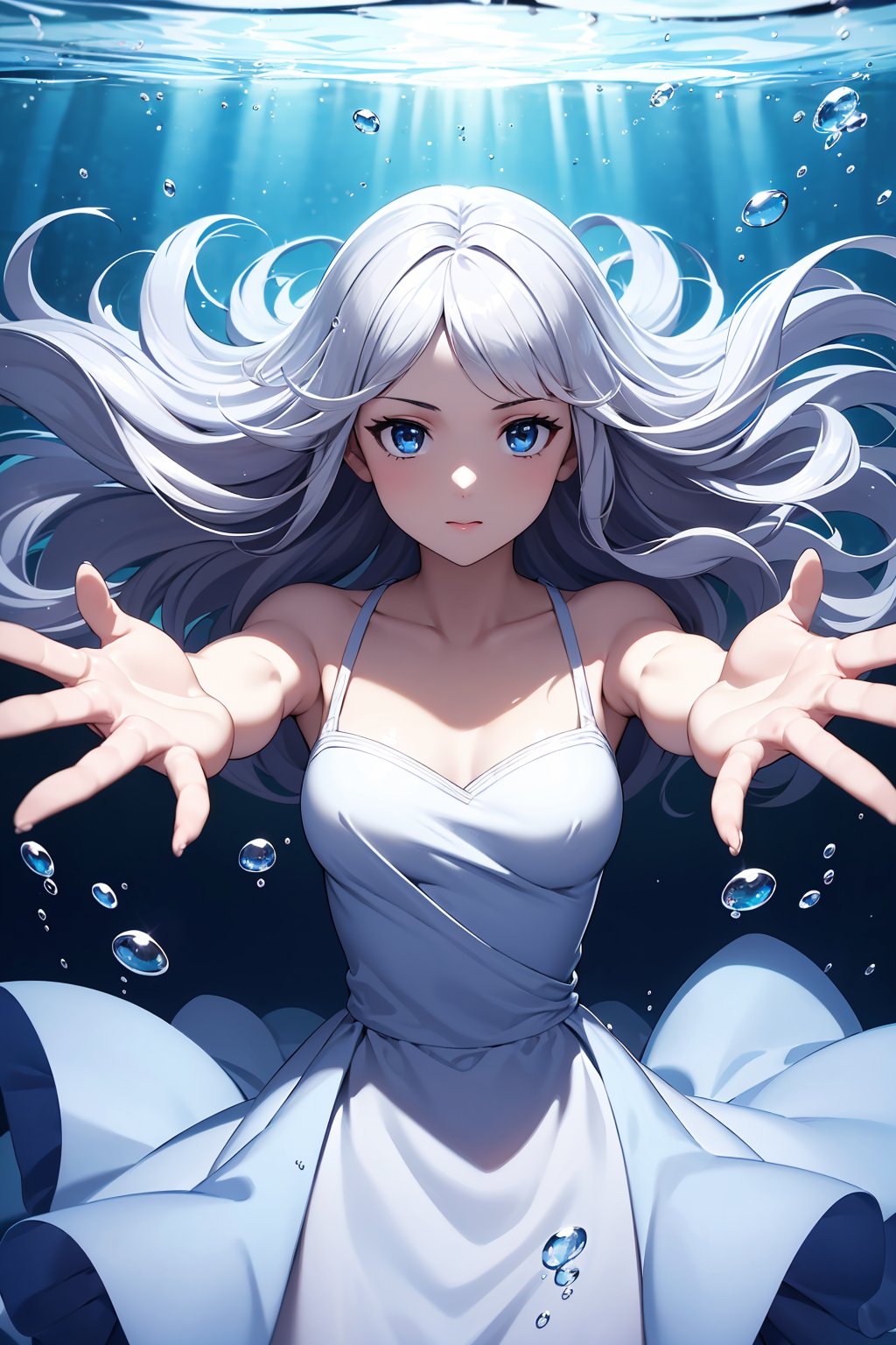 ((masterpiece, best quality, ultra-detailed, very fine 8KCG wallpapers)), 1girl, solo, medium breasts, long hair, wavy hair, silver hair, blue eyes, dress, underwater, air bubble, floating hair, refraction, open arms, portrait, nice hands, perfect hands,