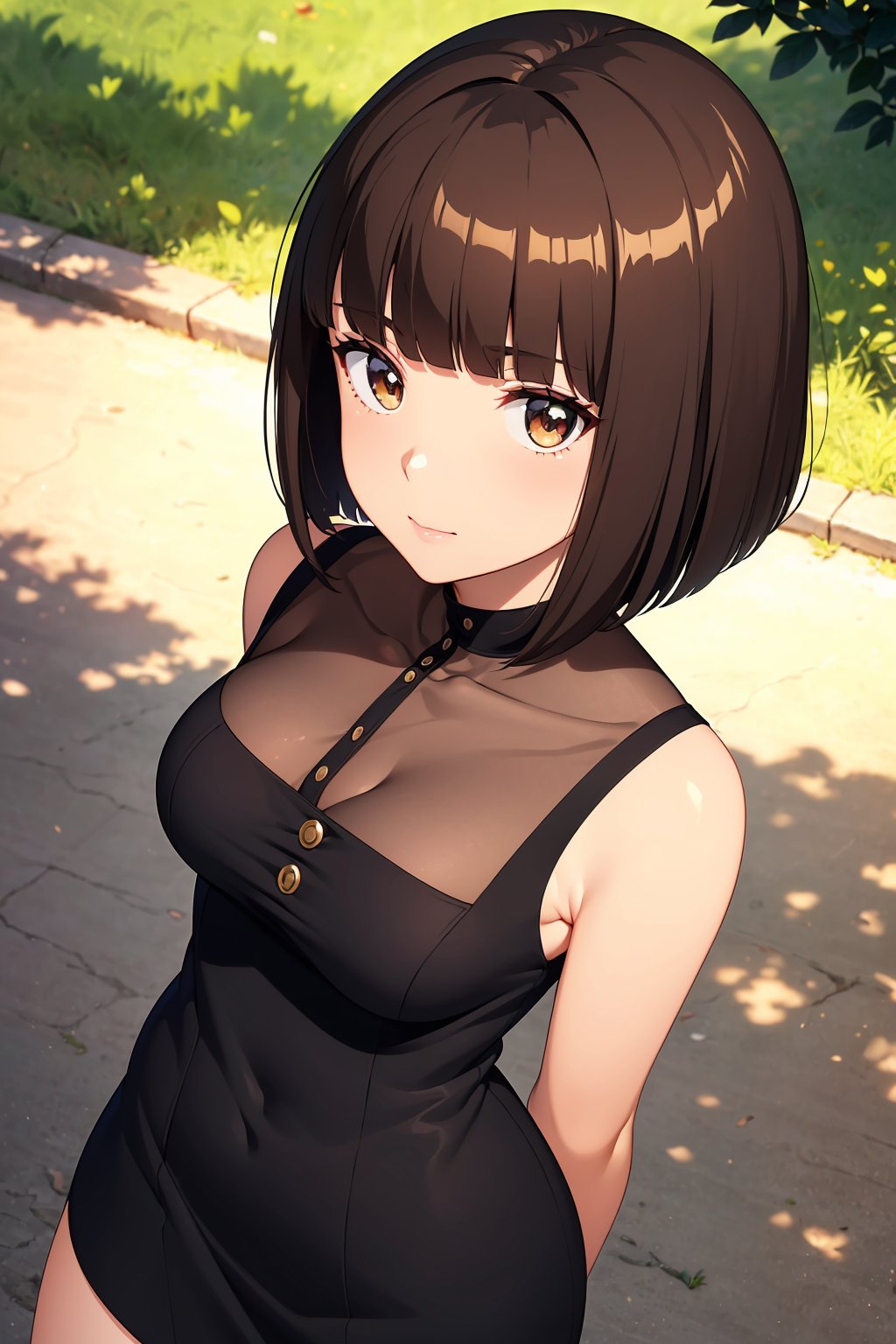 ((masterpiece, best quality, ultra-detailed, very fine 8KCG wallpapers)), 1girl, solo, medium breasts, bright skin, (shiny skin:1.2), curious face, bob cut, blunt bangs, brown hair, looking at viewer, cowboy shot, fringe, black sleeveless dress, arms behind back, top view, outdoors, nice hands, perfect hands,