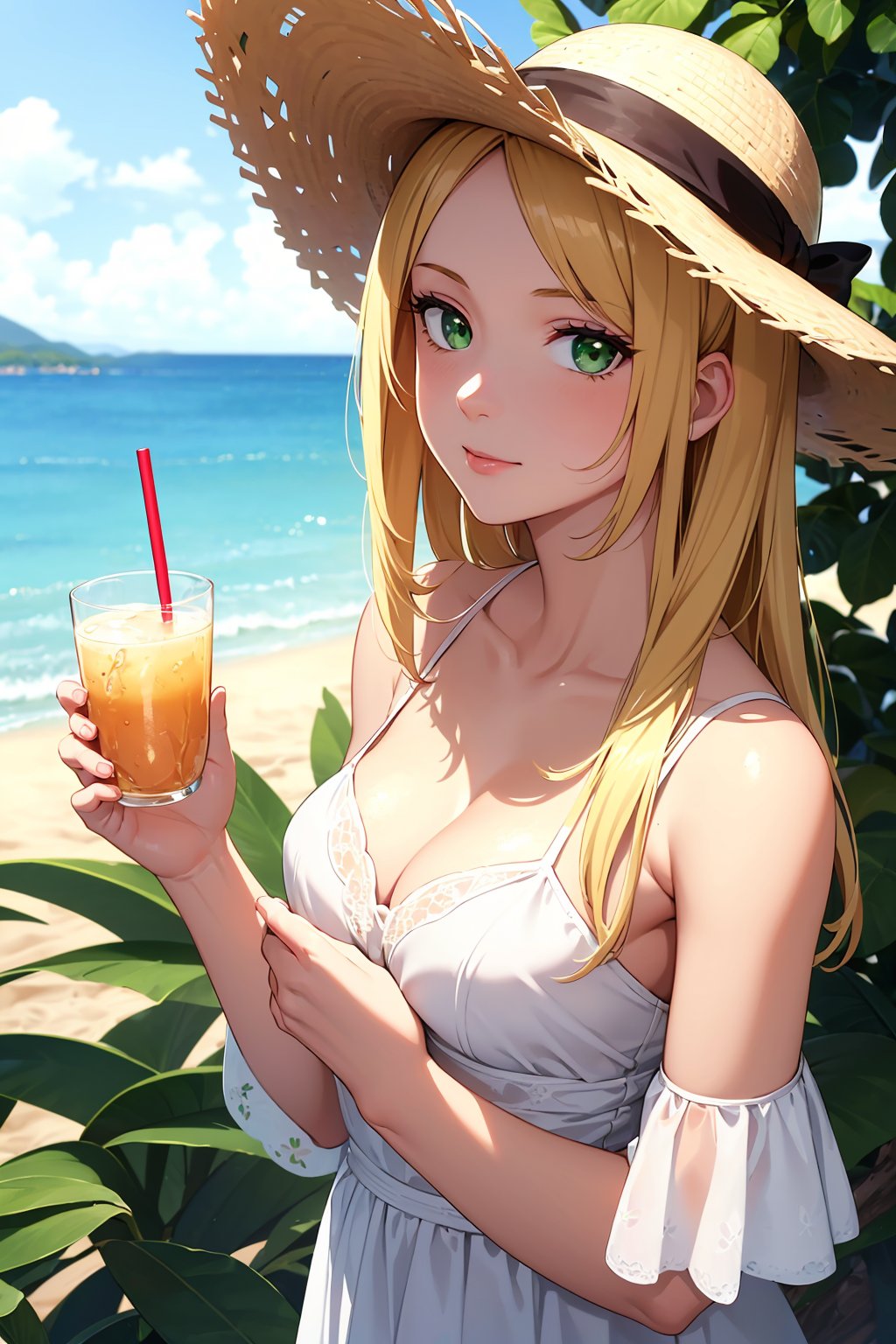 ((masterpiece, best quality, ultra-detailed, very fine 8KCG wallpapers)), 1girl, solo, medium breasts, (shiny skin:1.2), outdoors, curious face, white straw hat, white dress, upper body, green eyes, blonde hair, long hair, medeum breasts, looking at viewer, day, layered style, beach, nice hands, perfect hands,