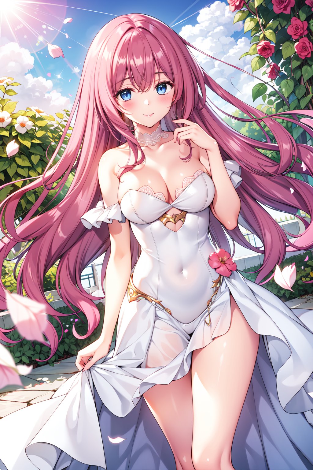 (masterpiece,  best quality),  1girl,  solo,  masterpiece,  Highest Quality,  Highest Resolution,  perfect background,  perfect perspective,  sharp image,  perfect details,  perfect lighting,  perfect shadows,  Perfect lighting,  Best background,  depth of field,  pink hair,  long hair,  blue eyes,  crown,  off shoulder armor,  white stockings,  smile,  light particle,  lens flare,  garden,  flower,  flower petals,  dress,  legs,  strapless,  long dress,  frills,  lace,  lace trim,  embroidered dress,  pattern,<lora:EMS-164975-EMS:0.700000>