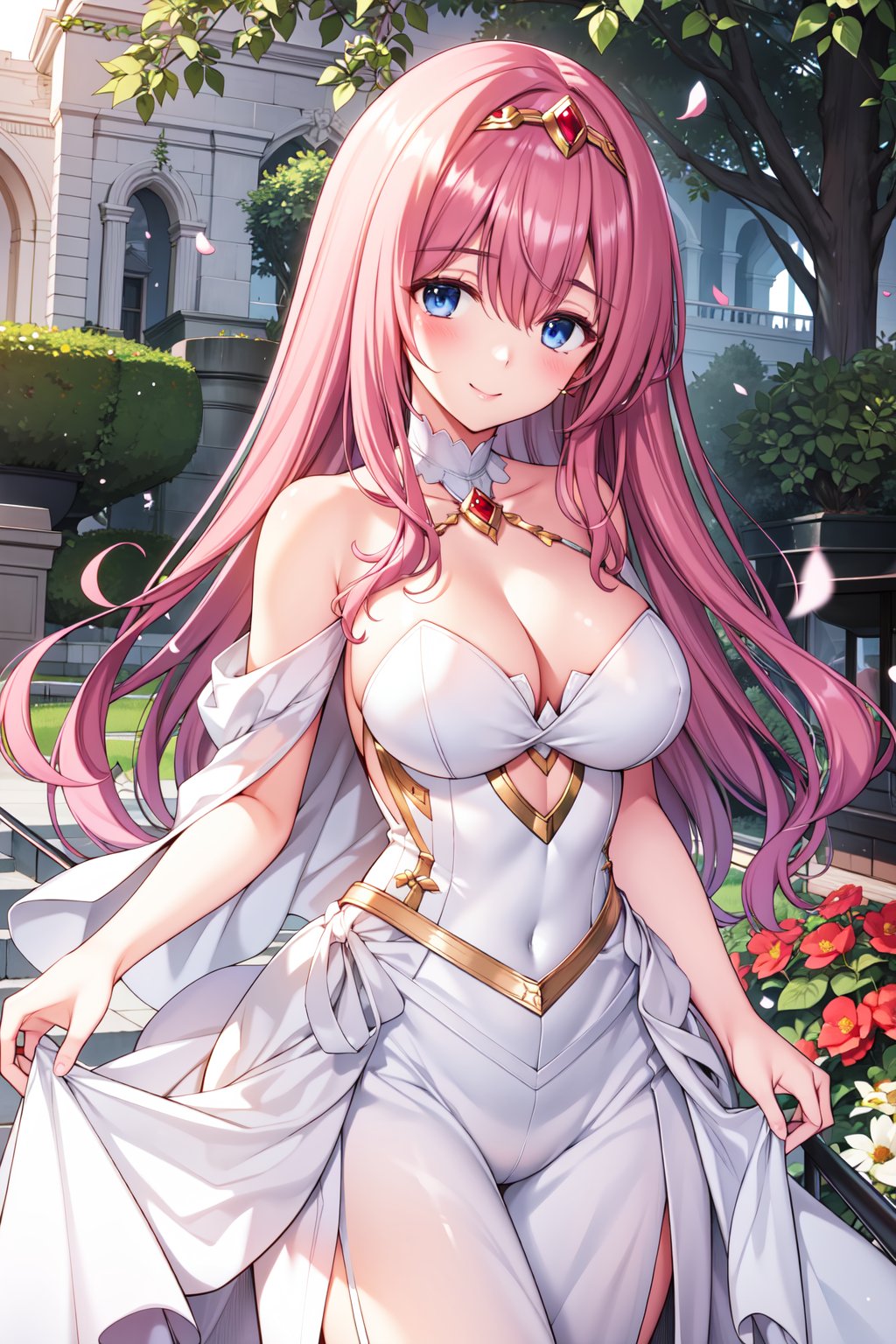 (masterpiece,  best quality),  1girl,  solo,  masterpiece,  Highest Quality,  Highest Resolution,  perfect background,  perfect perspective,  sharp image,  perfect details,  perfect lighting,  perfect shadows,  Perfect lighting,  Best background,  depth of field,  pink long hair,  blue eyes,  crown,  off shoulder armor,  white stockings,  smile,  light particle,  lens flare,  garden,  flower,  flower petals,  dress,<lora:EMS-164975-EMS:0.700000>