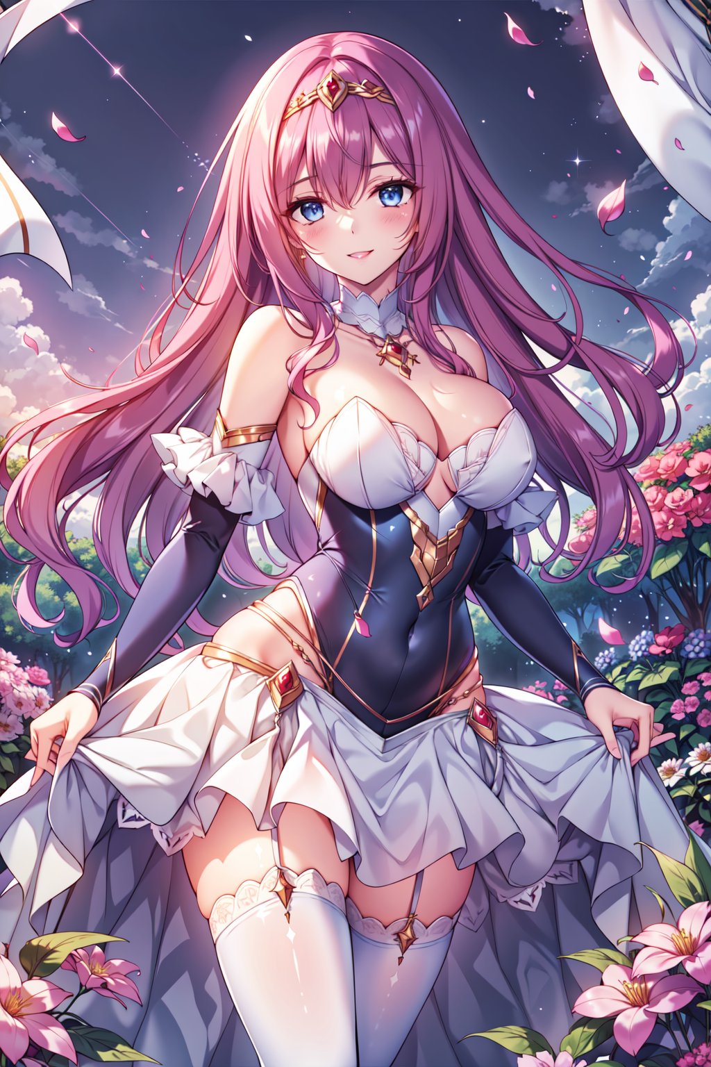 (masterpiece,  best quality),  1girl,  solo,  masterpiece,  Highest Quality,  Highest Resolution,  perfect background,  perfect perspective,  sharp image,  perfect details,  perfect lighting,  perfect shadows,  Perfect lighting,  Best background,  depth of field,  pink hair,  long hair,  blue eyes,  crown,  off shoulder armor,  white stockings,  smile,  light particle,  lens flare,  garden,  flower,  flower petals,  dress,  legs,  strapless,  long dress,  frills,  lace,  lace trim,  embroidered dress,  pattern, fantasy00d,<lora:EMS-164975-EMS:0.700000>,<lora:EMS-67880-EMS:0.500000>