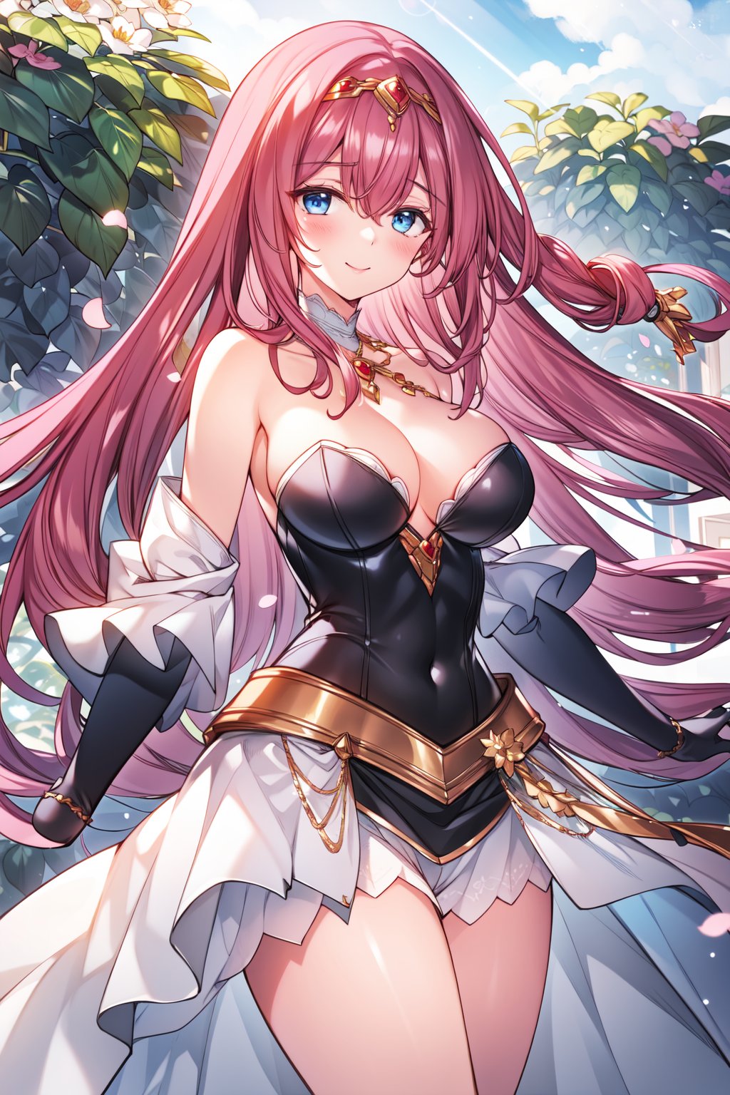 (masterpiece,  best quality),  1girl,  solo,  masterpiece,  Highest Quality,  Highest Resolution,  perfect background,  perfect perspective,  sharp image,  perfect details,  perfect lighting,  perfect shadows,  Perfect lighting,  Best background,  depth of field,  pink hair,  long hair,  blue eyes,  crown,  off shoulder armor,  white stockings,  smile,  light particle,  lens flare,  garden,  flower,  flower petals,  dress,  legs,  strapless,  long dress,  frills,  lace,  lace trim,  embroidered dress,  pattern, fantasy00d,  bridal gauntlets,<lora:EMS-5669-EMS:0.600000>,<lora:EMS-164975-EMS:0.700000>