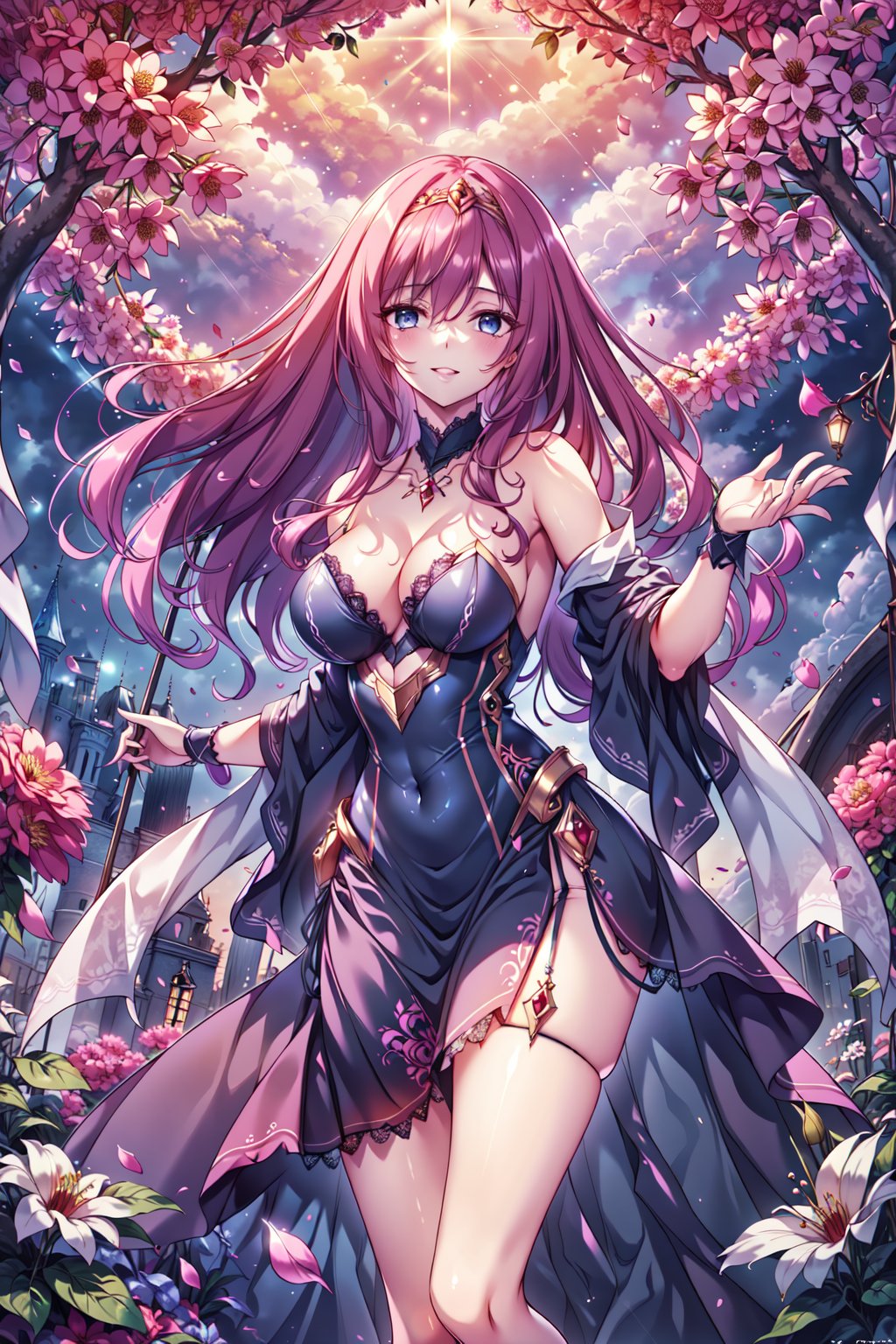 (masterpiece,  best quality),  1girl,  solo,  masterpiece,  Highest Quality,  Highest Resolution,  perfect background,  perfect perspective,  sharp image,  perfect details,  perfect lighting,  perfect shadows,  Perfect lighting,  Best background,  depth of field,  pink hair,  long hair,  blue eyes,  crown,  off shoulder armor,  white stockings,  smile,  light particle,  lens flare,  garden,  flower,  flower petals,  dress,  legs,  strapless,  long dress,  frills,  lace,  lace trim,  embroidered dress,  pattern, fantasy00d,<lora:EMS-164975-EMS:0.700000>,<lora:EMS-67880-EMS:0.800000>