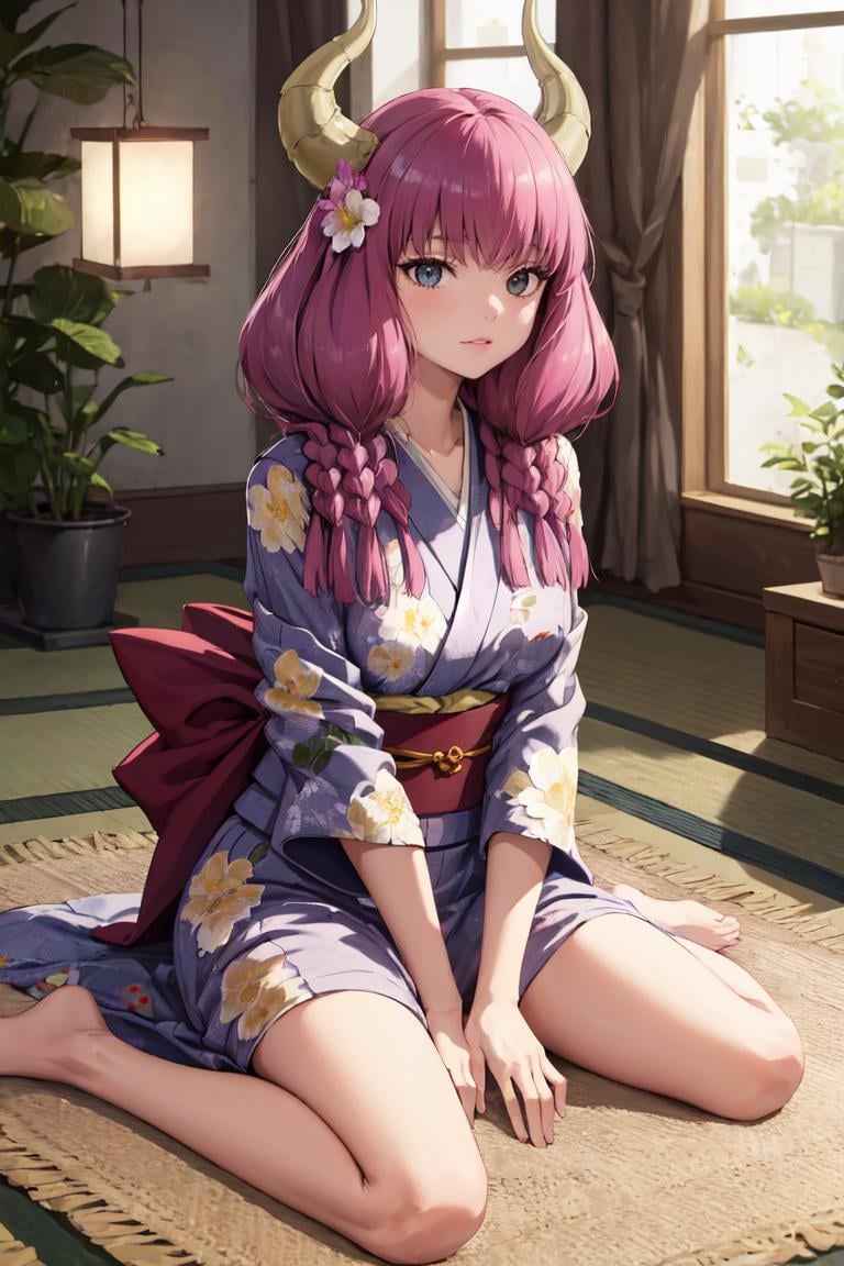 masterpiece, best quality, absurdres, 1girl, solo, AuraFrieren, horns, twin braids, indoors, kimono, hair flower, floral print, wariza, sitting, hands on own knees, <lora:AuraFrieren:1>