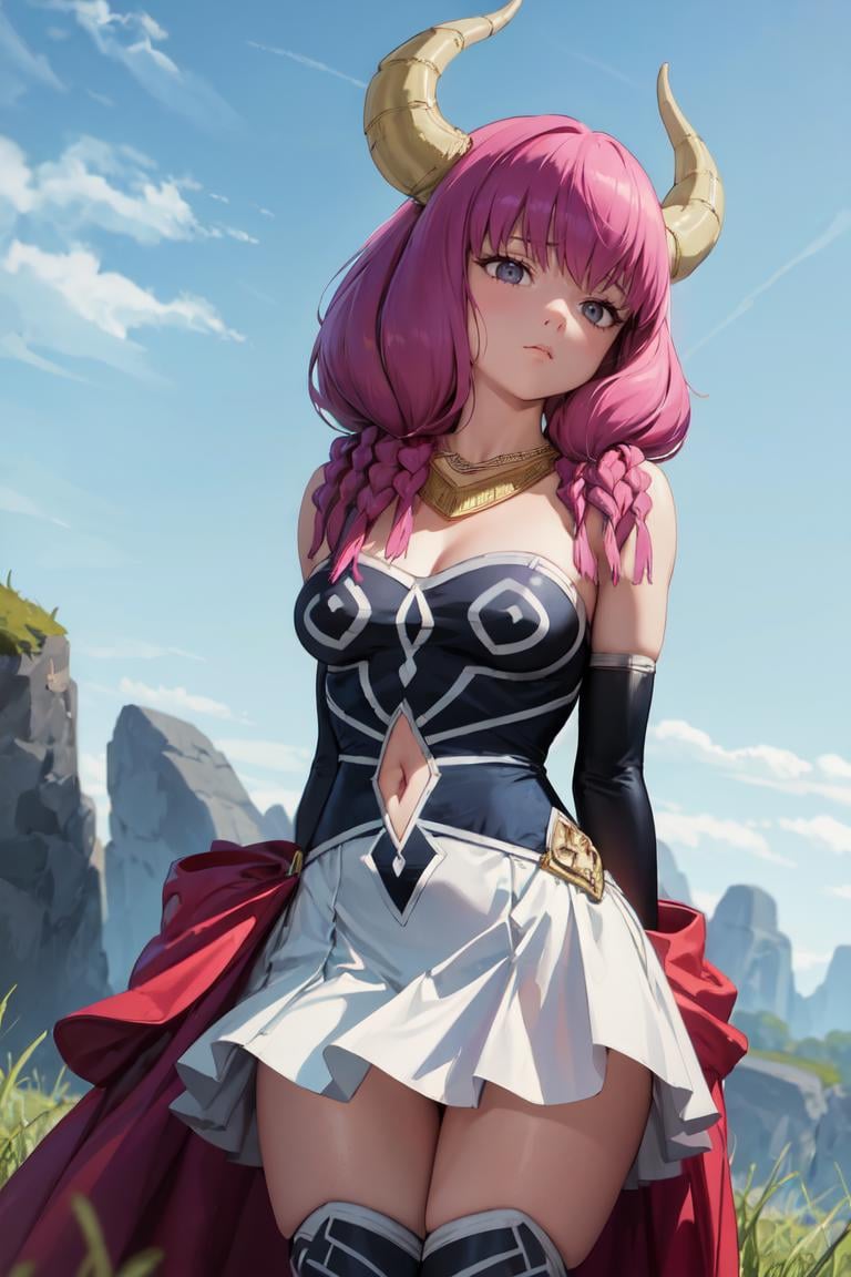 masterpiece, best quality, absurdres, 1girl, solo, AuraFrieren, horns, twin braids, necklace, strapless shirt, navel cutout, white skirt, red waist cape, elbow gloves, thigh boots, confident, expressionless, arms behind back, outdoors, grey field, grass, rocks, <lora:AuraFrieren:1>