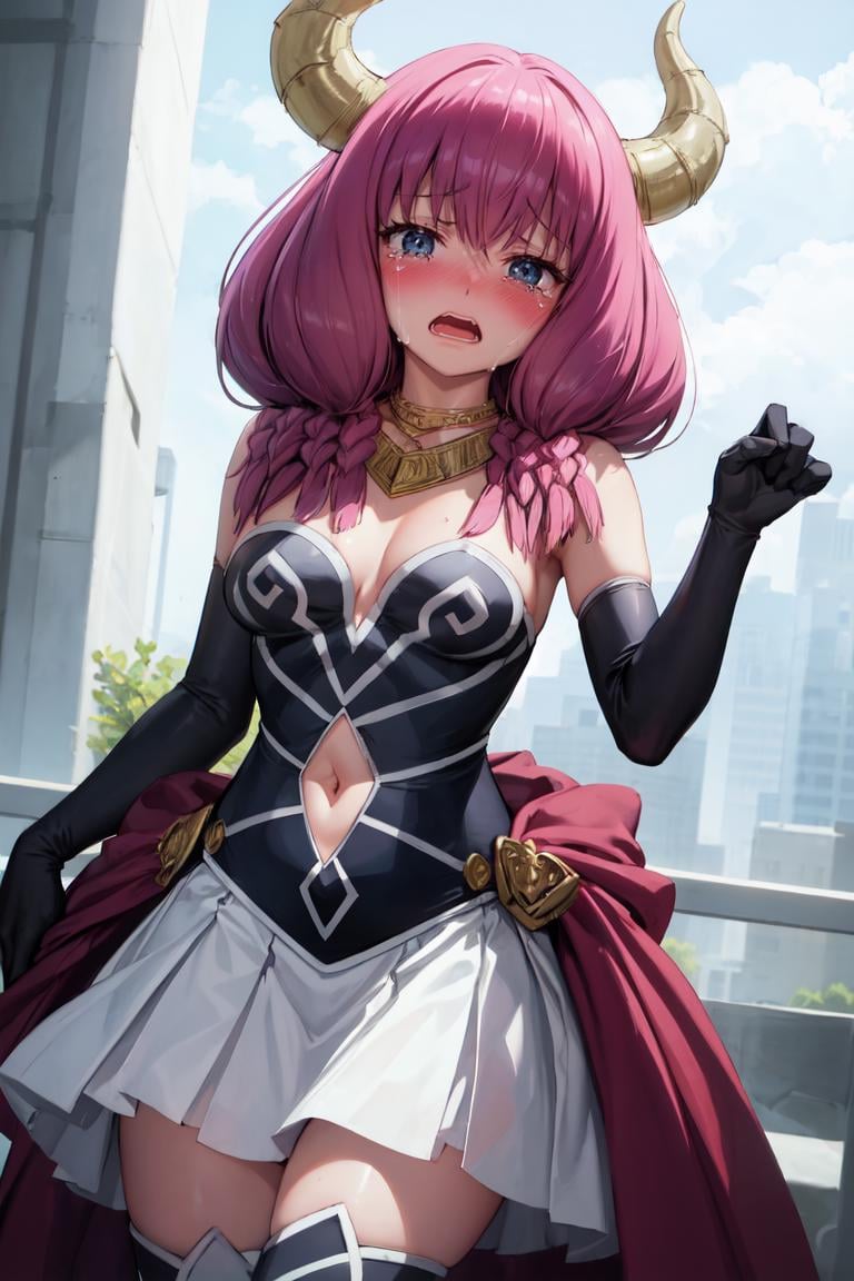 masterpiece, best quality, absurdres, 1girl, solo, AuraFrieren, horns, twin braids, necklace, strapless shirt, navel cutout, white skirt, red waist cape, elbow gloves, thigh boots, blush, embarrassed, crying, open mouth, <lora:AuraFrieren:1>