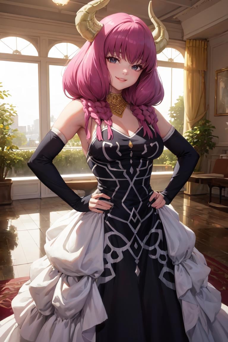 masterpiece, best quality, absurdres, 1girl, solo, AuraFrieren, horns, twin braids, elegant, long dress, black dress, halterneck, smile, indoors, palace, jewelry, standing, hands on hips, <lora:AuraFrieren:1>