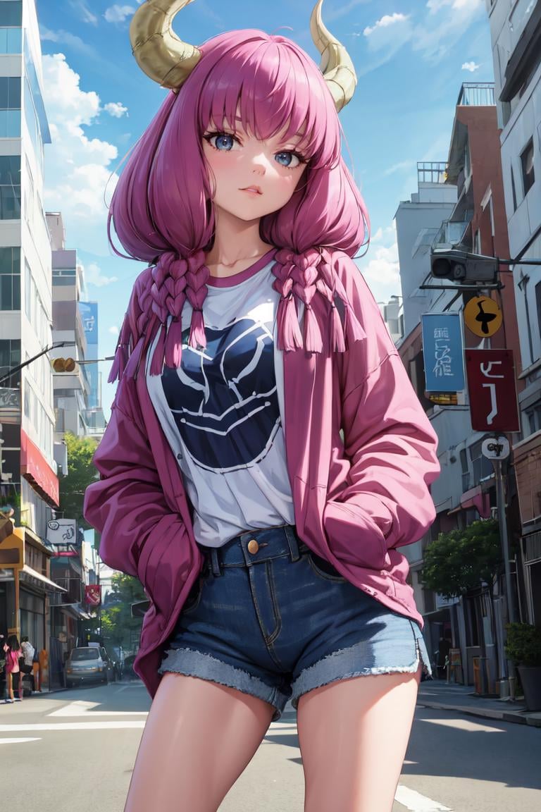 masterpiece, best quality, absurdres, 1girl, solo, AuraFrieren, horns, twin braids, t-shirt, denim shorts, standing, outdoors, city, hands in pockets, <lora:AuraFrieren:1>