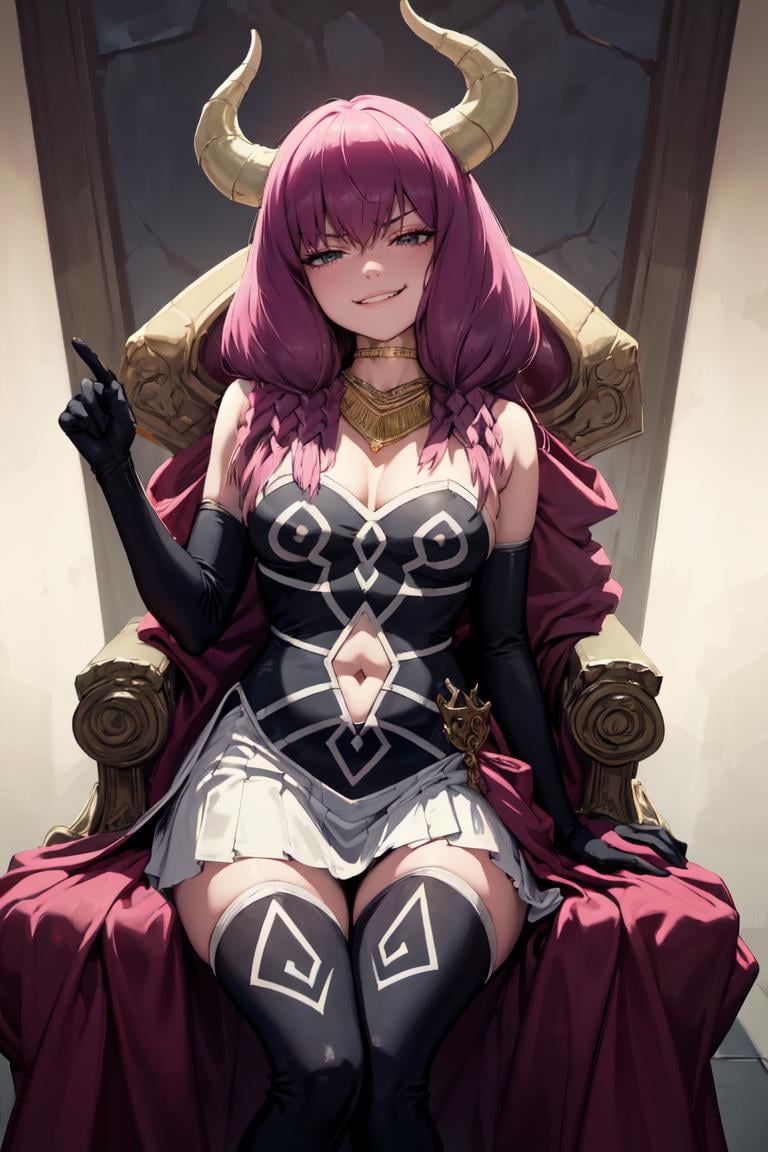 masterpiece, best quality, absurdres, 1girl, solo, AuraFrieren, horns, twin braids, necklace, strapless shirt, navel cutout, white skirt, red waist cape, elbow gloves, thigh boots, sitting, throne, indoors, smirk, confident, evil, dark background, <lora:AuraFrieren:1>