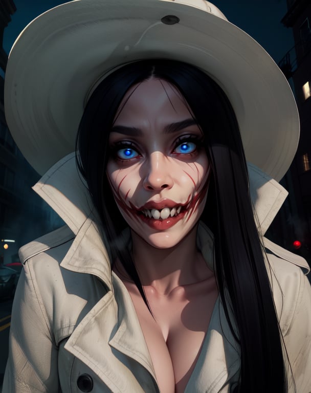 Kuchisake,blue eyes,long black hair,big lips,white hat,white trench coat,cleavage,mouth scar,smile,sharp teeth,
standing,upper body,leaning forward,
empty streets,night,fog,moon,(insanely detailed, beautiful detailed face, masterpiece, beautiful detailed eyes, best quality),,
