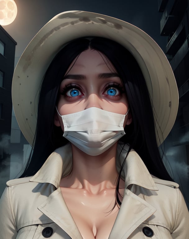 Kuchisake,blue eyes,long black hair,white hat,white trench coat,cleavage,surgical mask,standing,upper body,empty streets,night,fog,moon,(insanely detailed, beautiful detailed face, masterpiece, beautiful detailed eyes, best quality),,
