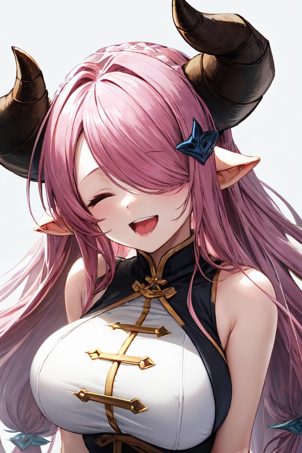 narmaya, solo, large breasts, :d, ^_^, upper teeth only, upper body, closed eyes, 1girl, smile, open mouth, simple background, white background,  bare shoulders, facing viewer, sleeveless, demon horns<lora:narmaya:1> 