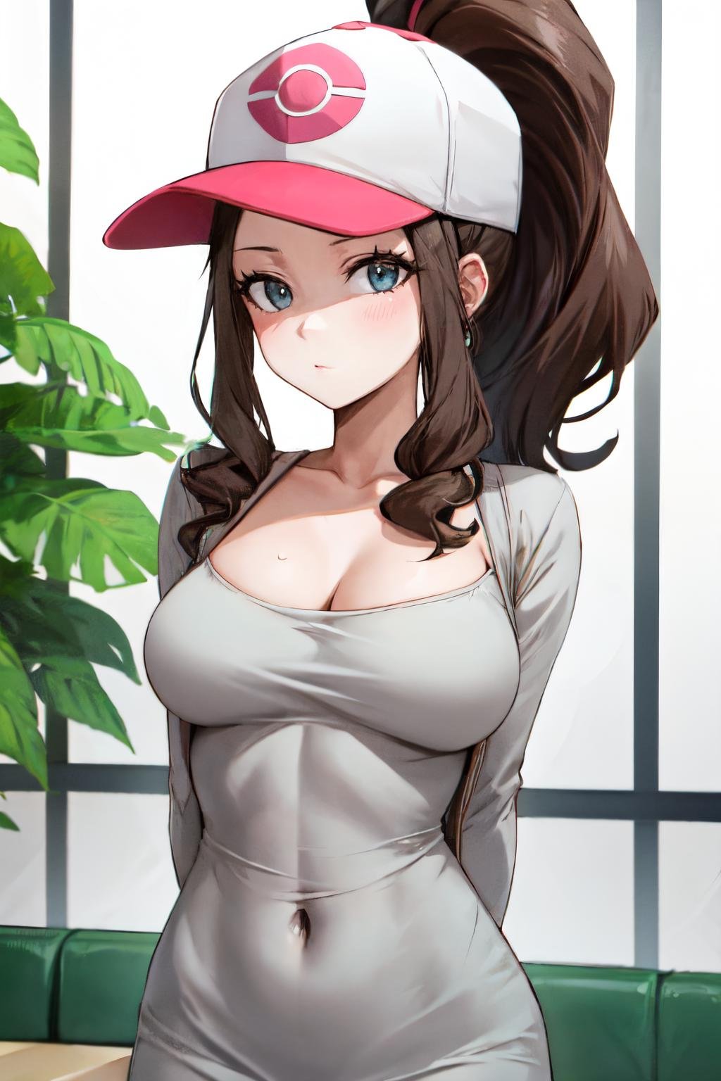 <lora:hilda_pokemon:0.8>hilda pokemon,  baseball cap,  1girl, upper body, solo,  looking at viewer, high ponytail,<lora:dongtan_dress:1> dongtan dress, grey dress, arms behind back , covered navel