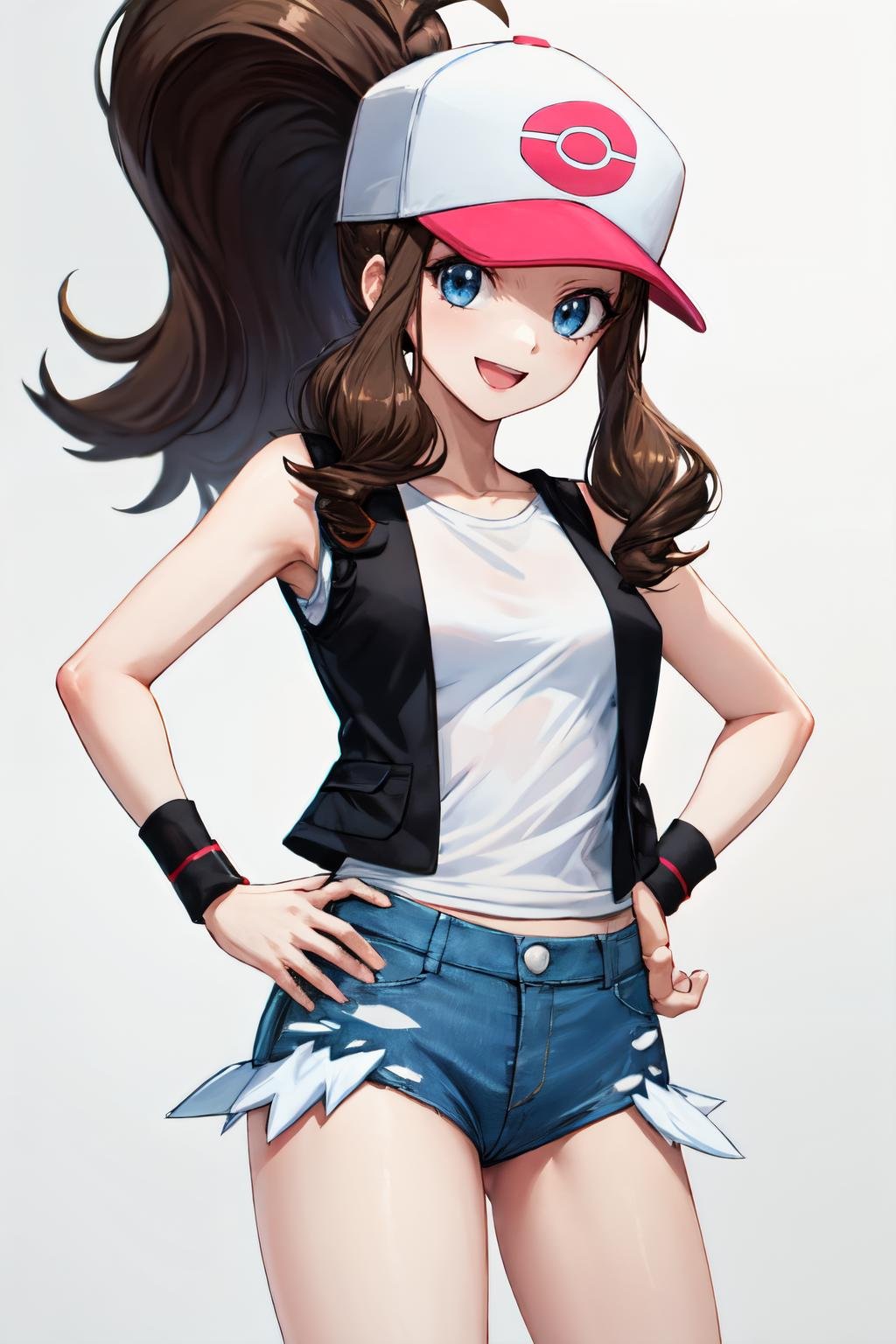 <lora:hilda_pokemon:1> hilda pokemon, baseball cap, vest,  smile, denim shorts, eyelashes, high ponytail, white shirt, 1girl, hand on hip, sidelocks, short shorts, sleeveless, solo, :d, looking at viewer,  sleeveless shirt, black vest, wristband, white background