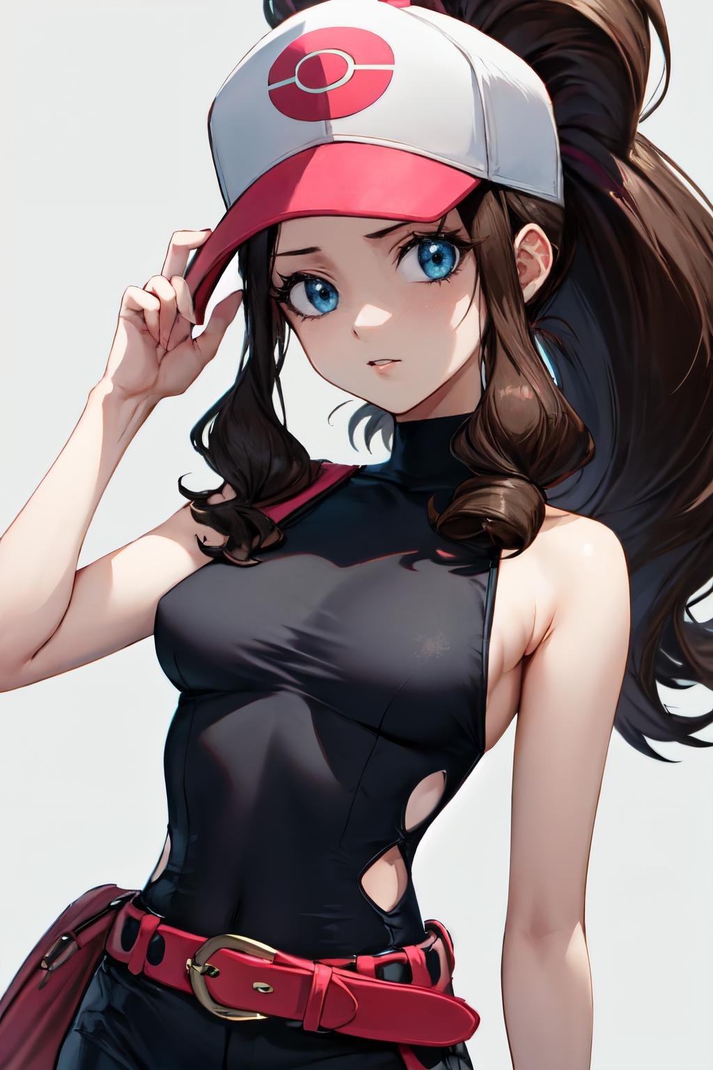 <lora:hilda_pokemon:1>hilda pokemon,  baseball cap,  1girl, upper body, solo,  looking at viewer, high ponytail, retro-inspired one-piece with a high neck, cut-out details, and a belt for a vintage look,