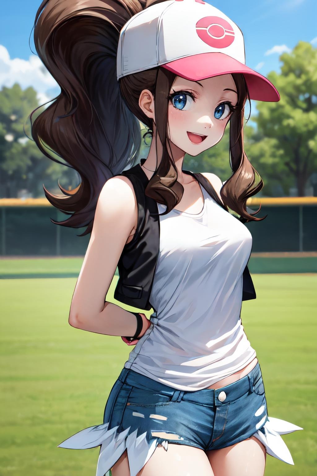 <lora:hilda_pokemon:1> hilda pokemon, baseball cap, vest,  smile, denim shorts, eyelashes, high ponytail, white shirt, 1girl,medium breasts, sidelocks, short shorts, sleeveless, solo, :d, looking at viewer,  sleeveless shirt, black vest, wristband, outdoors, arms behind back